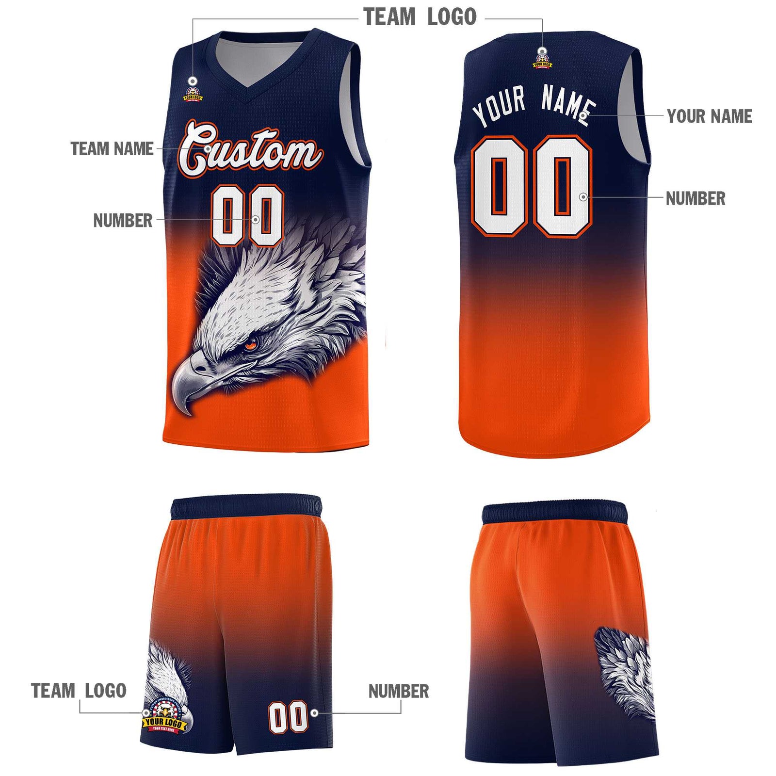 Custom Navy Orange Basketball Kits with Eagle Pattern