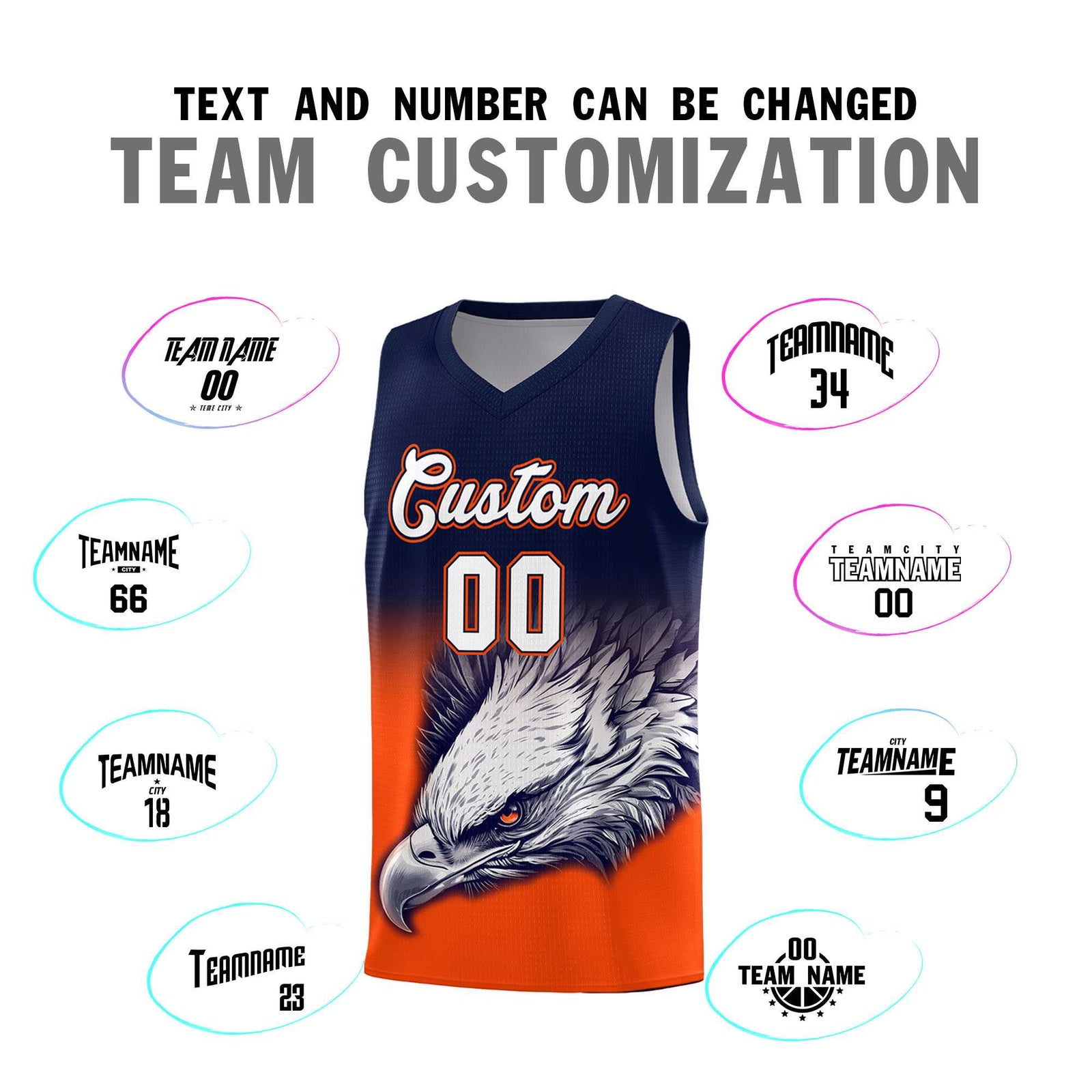 Custom Navy Orange Basketball Kits with Eagle Pattern