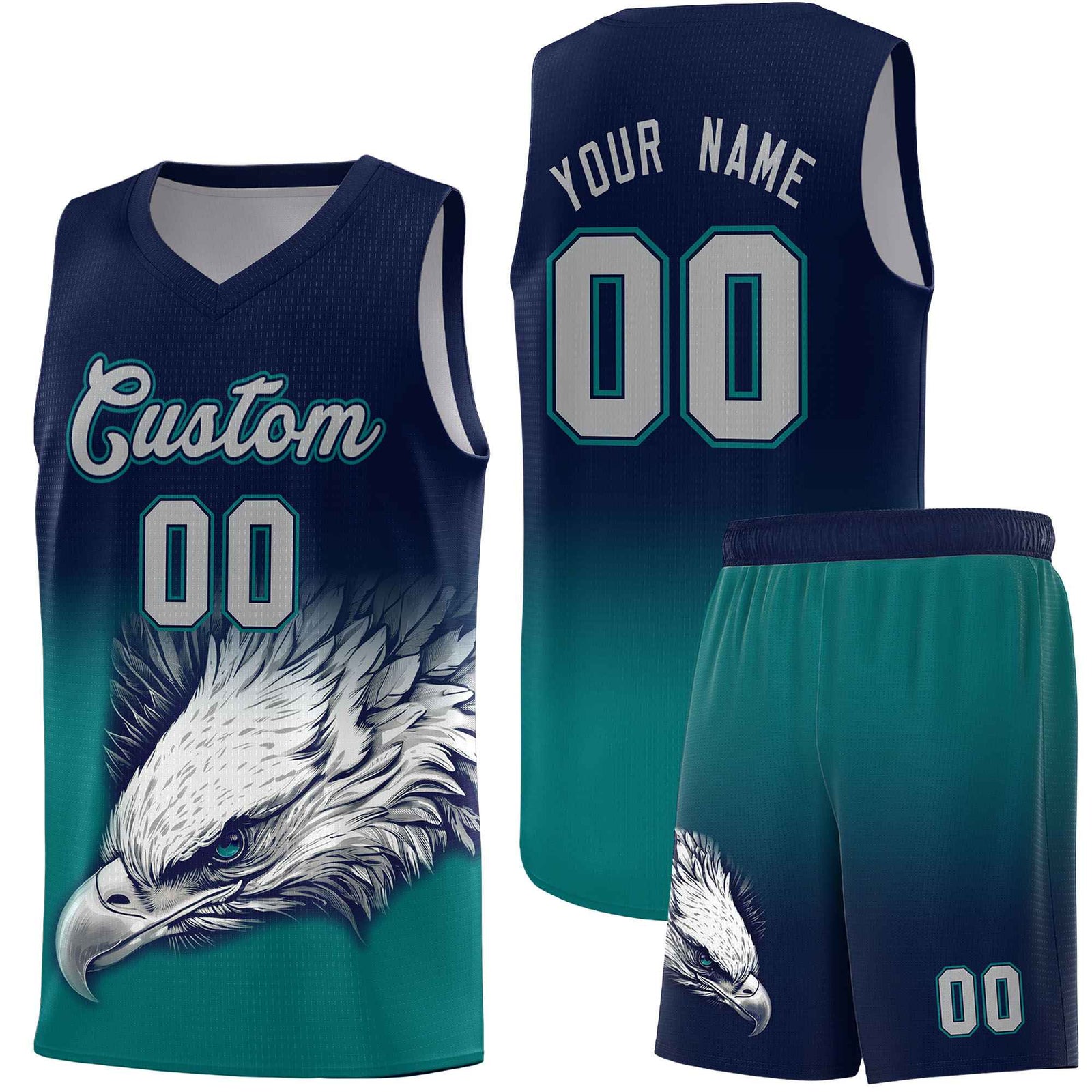Custom Navy Teal Basketball Kits with Eagle Pattern