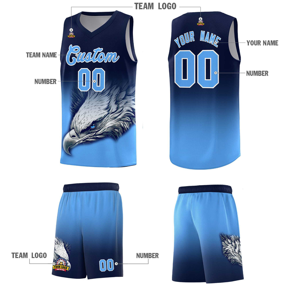 Custom Navy Powder Blue Basketball Kits with Eagle Pattern