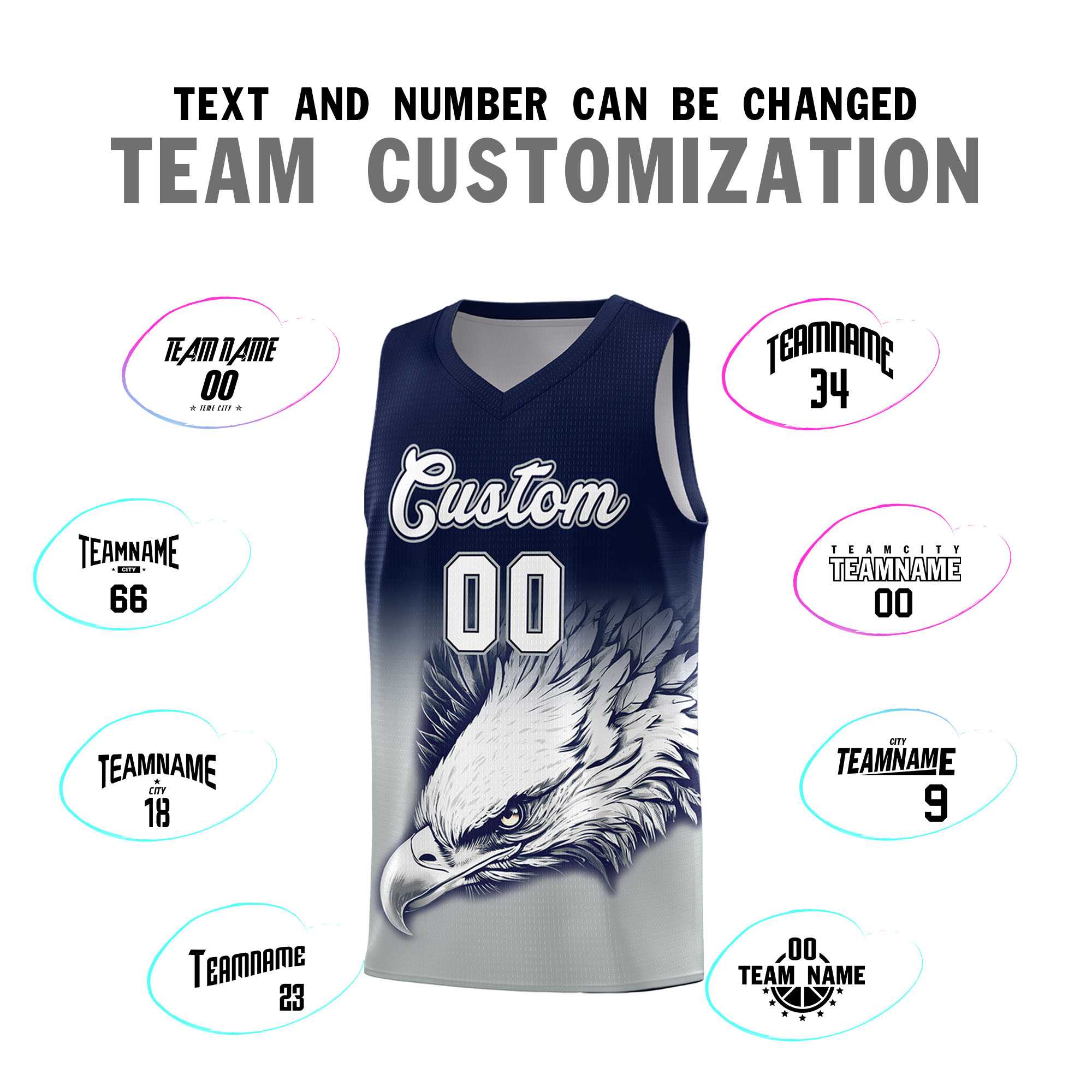 Custom Navy Gray Basketball Kits with Eagle Pattern