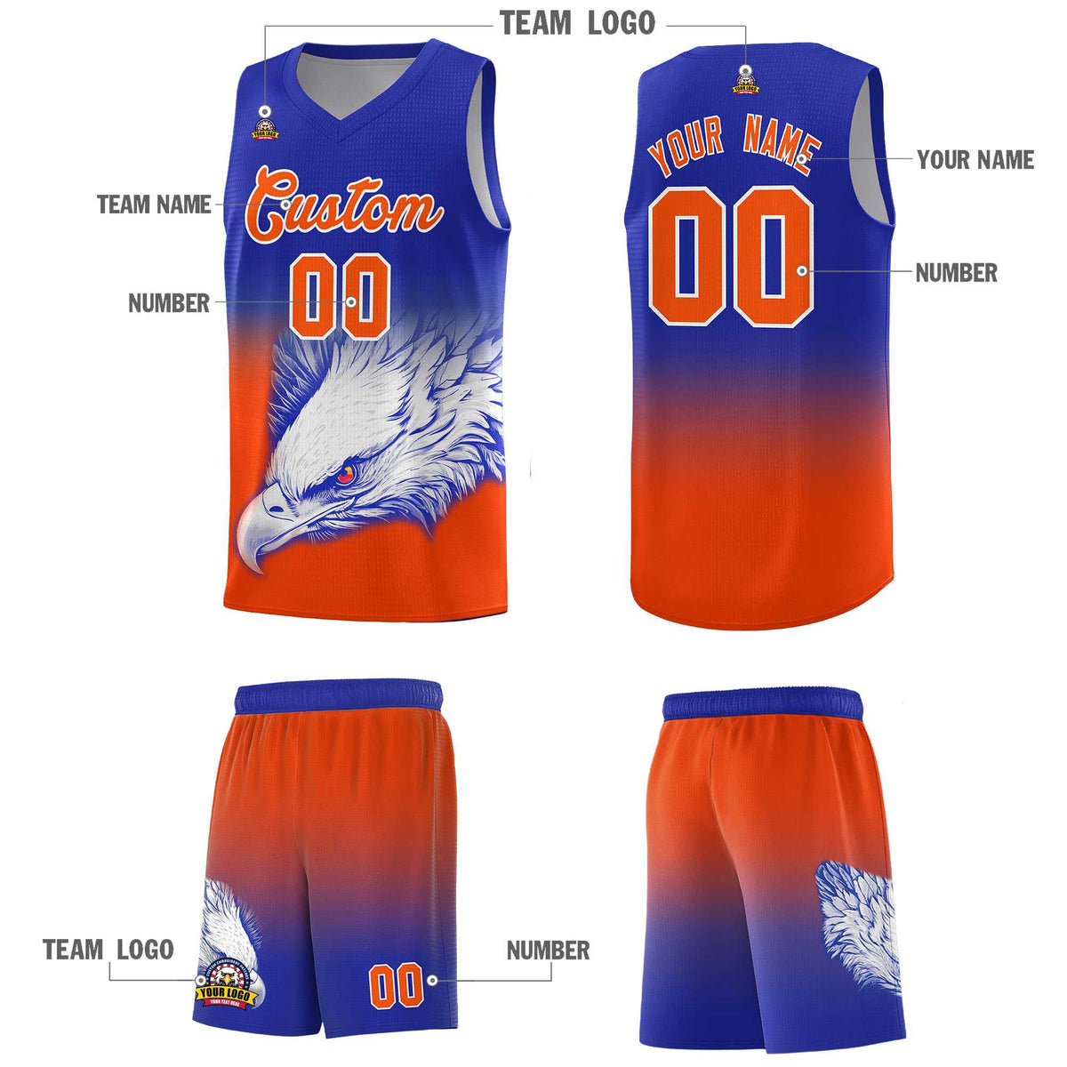 Custom Royal Orange Basketball Kits with Eagle Pattern
