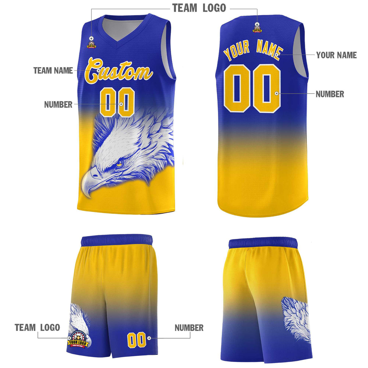 Custom Royal Yellow Basketball Kits with Eagle Pattern