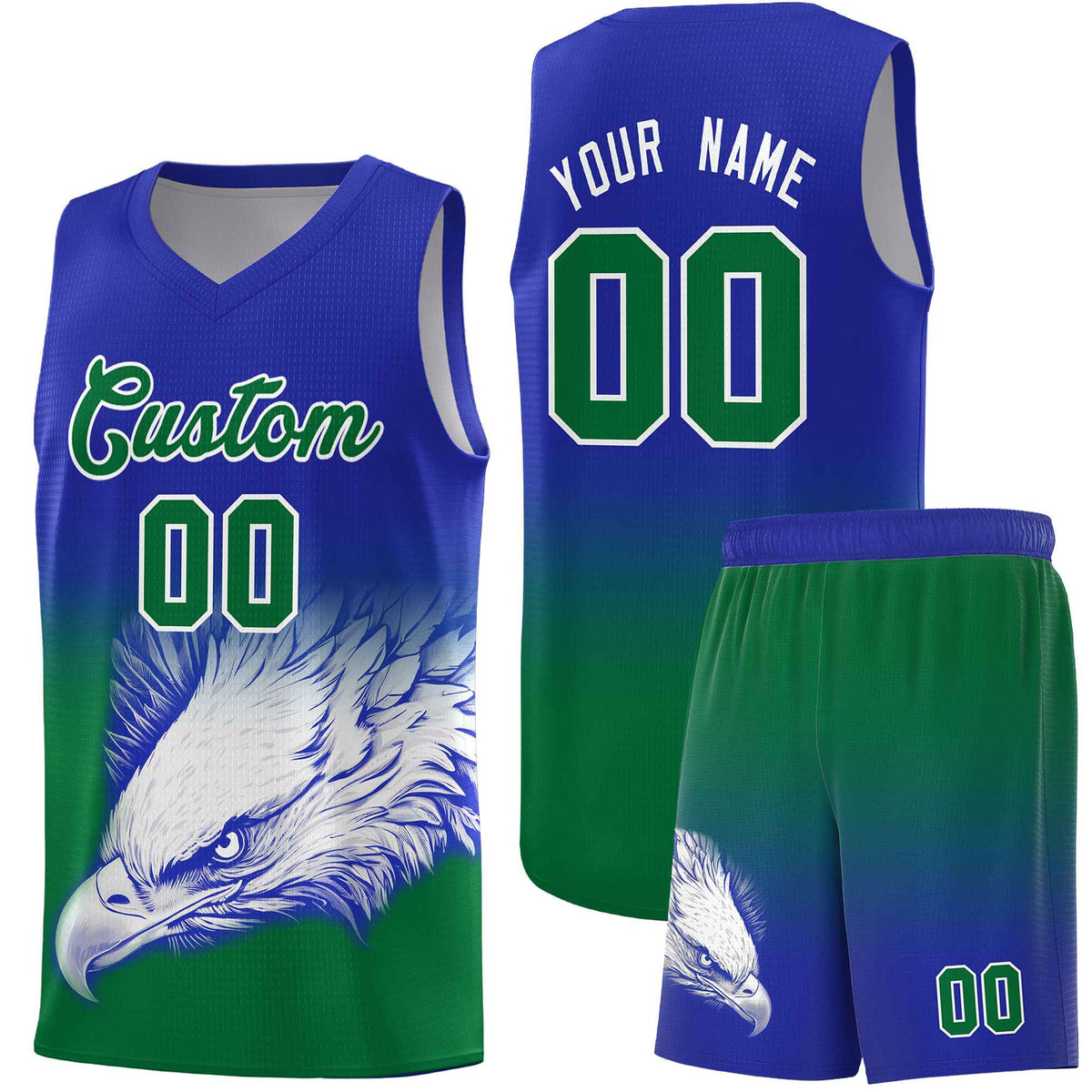 Custom Royal Kelly Green Basketball Kits with Eagle Pattern