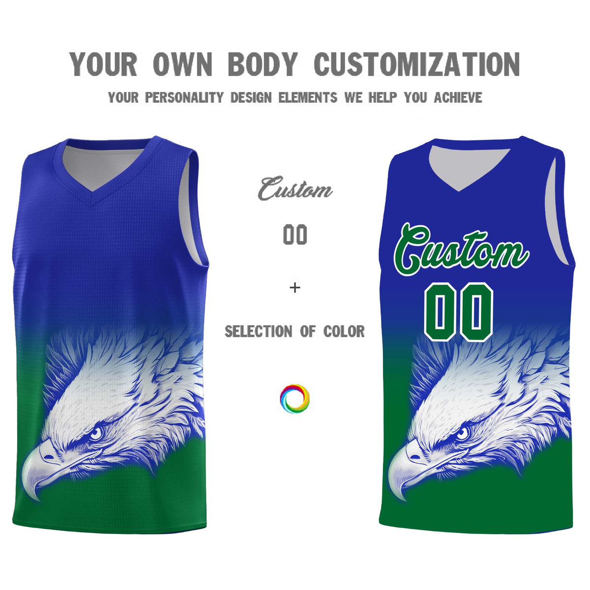 Custom Royal Kelly Green Basketball Kits with Eagle Pattern