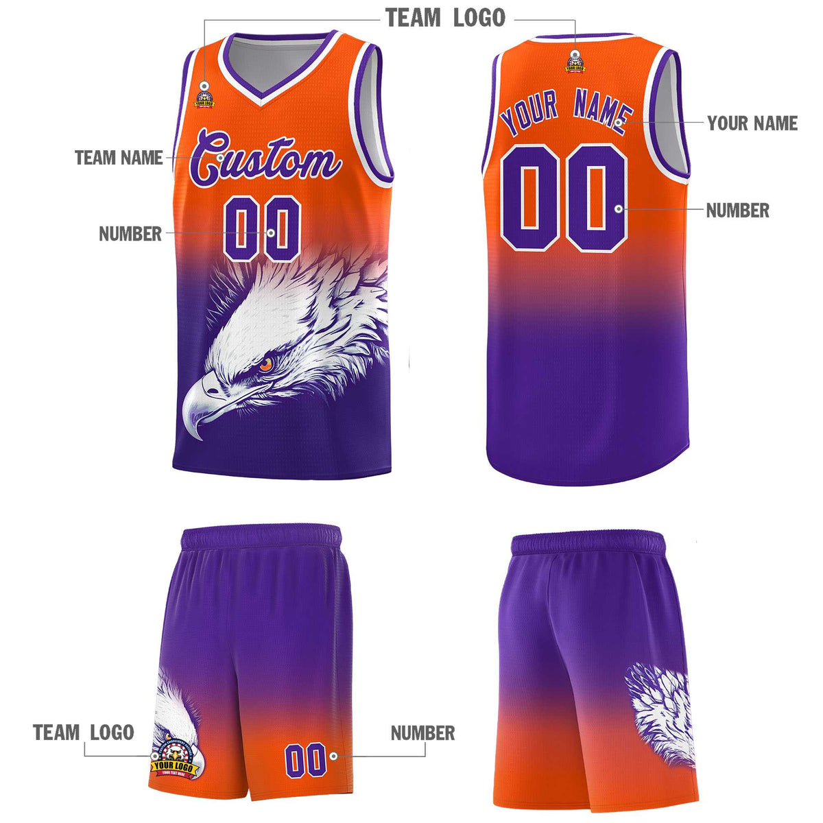 Custom Orange Purple Basketball Kits with Eagle Pattern