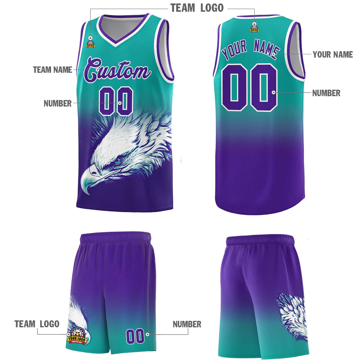 Custom Aqua Purple Basketball Kits with Eagle Pattern