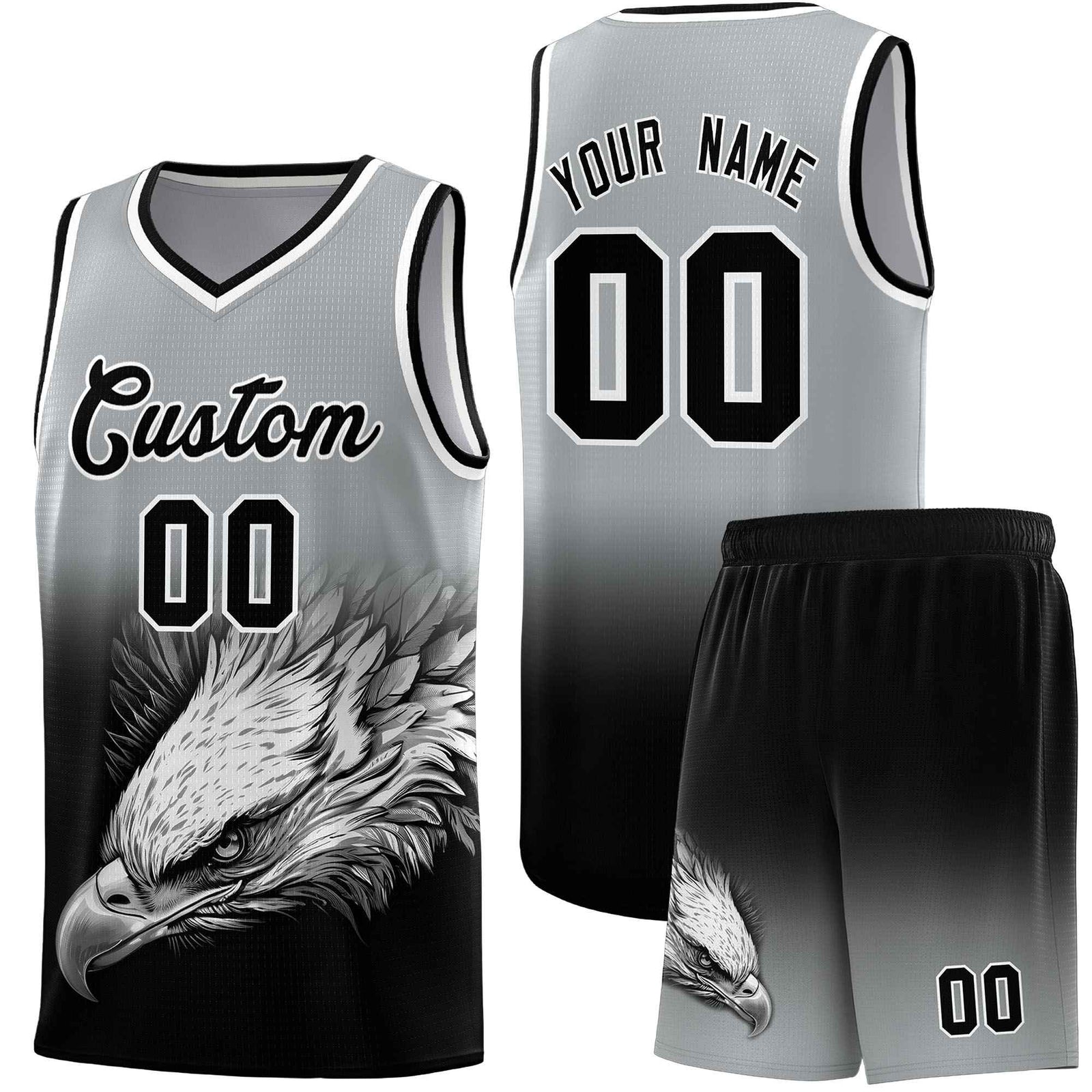 Custom Gray Black Basketball Kits with Eagle Pattern