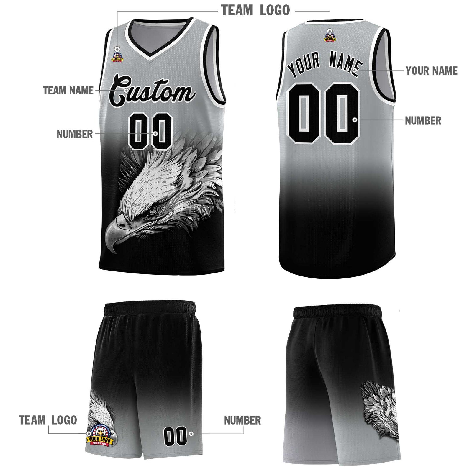 Custom Gray Black Basketball Kits with Eagle Pattern