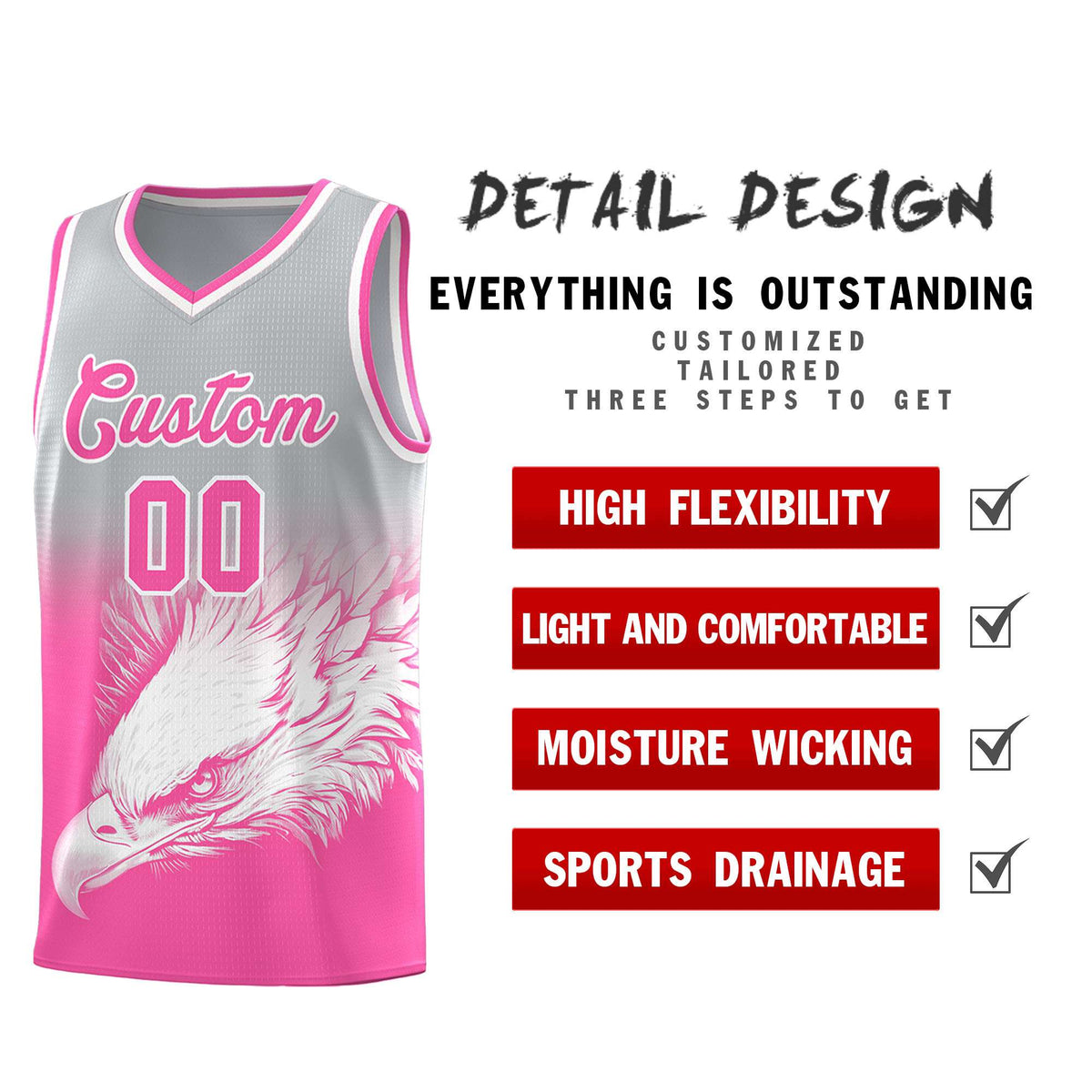 Custom Gray Pink Basketball Kits with Eagle Pattern