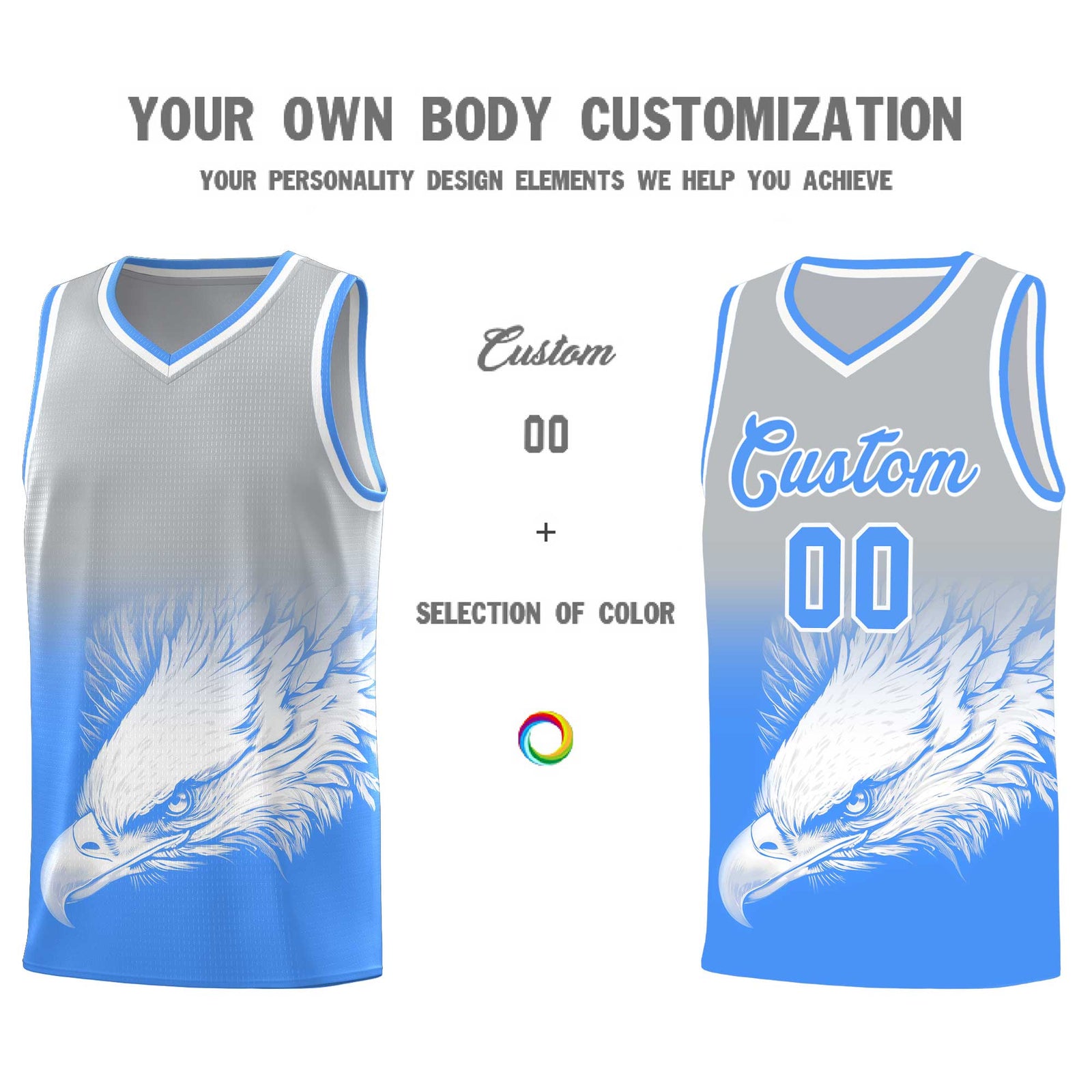 Custom Gray Powder Blue Basketball Kits with Eagle Pattern
