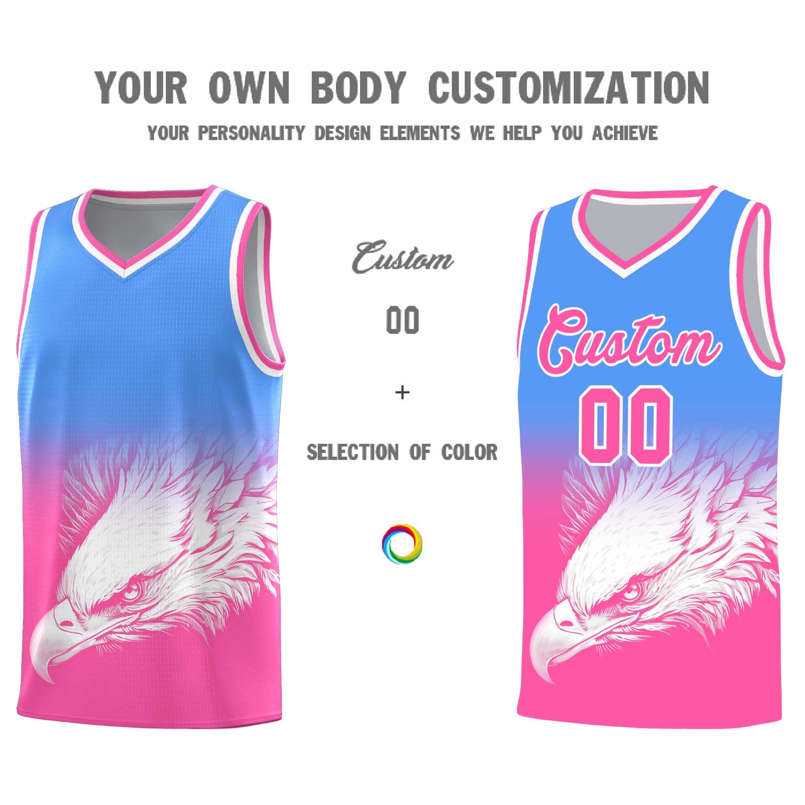 Custom Powder Blue Pink Basketball Kits with Eagle Pattern