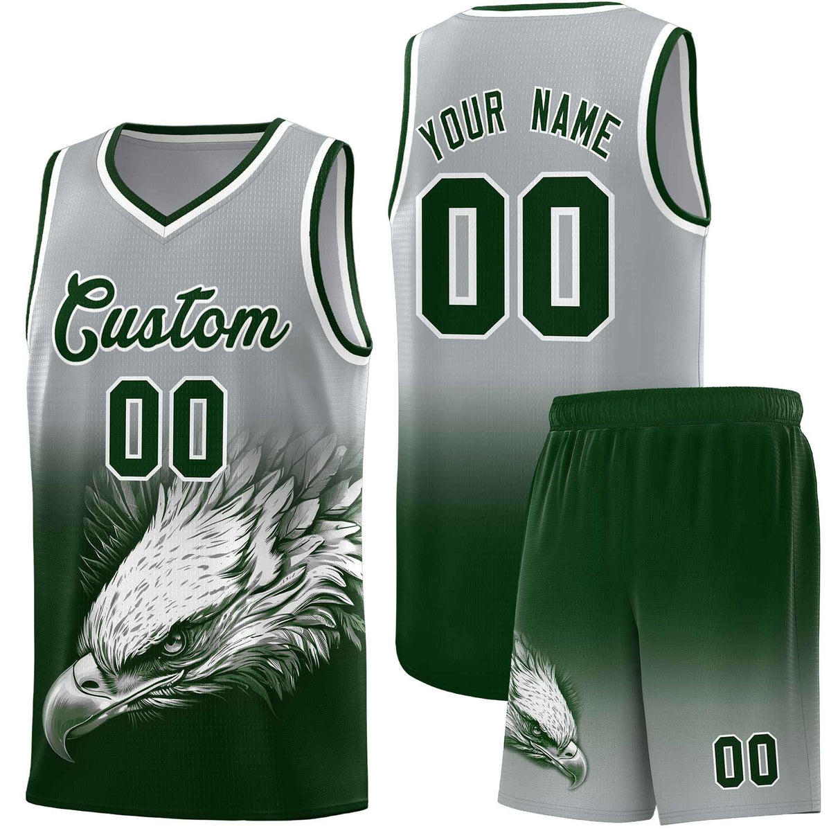 Custom Gray Green Basketball Kits with Eagle Pattern