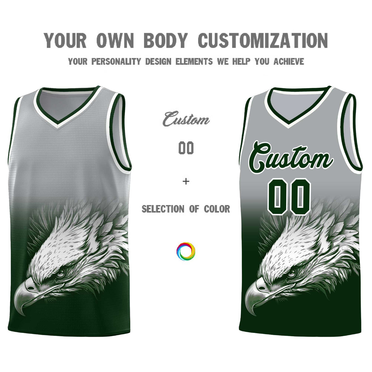Custom Gray Green Basketball Kits with Eagle Pattern