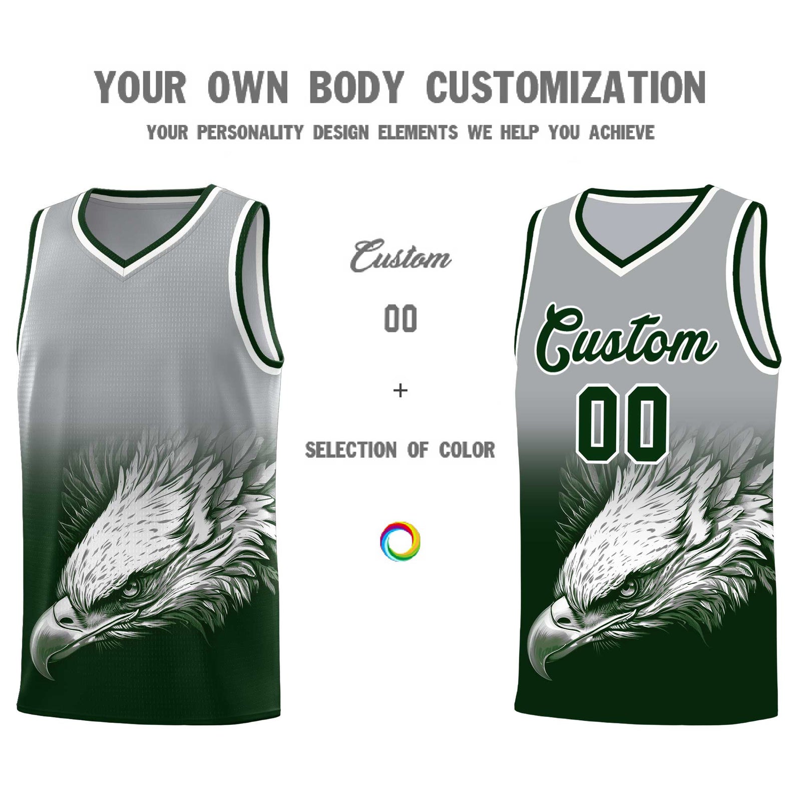 Custom Gray Green Basketball Kits with Eagle Pattern