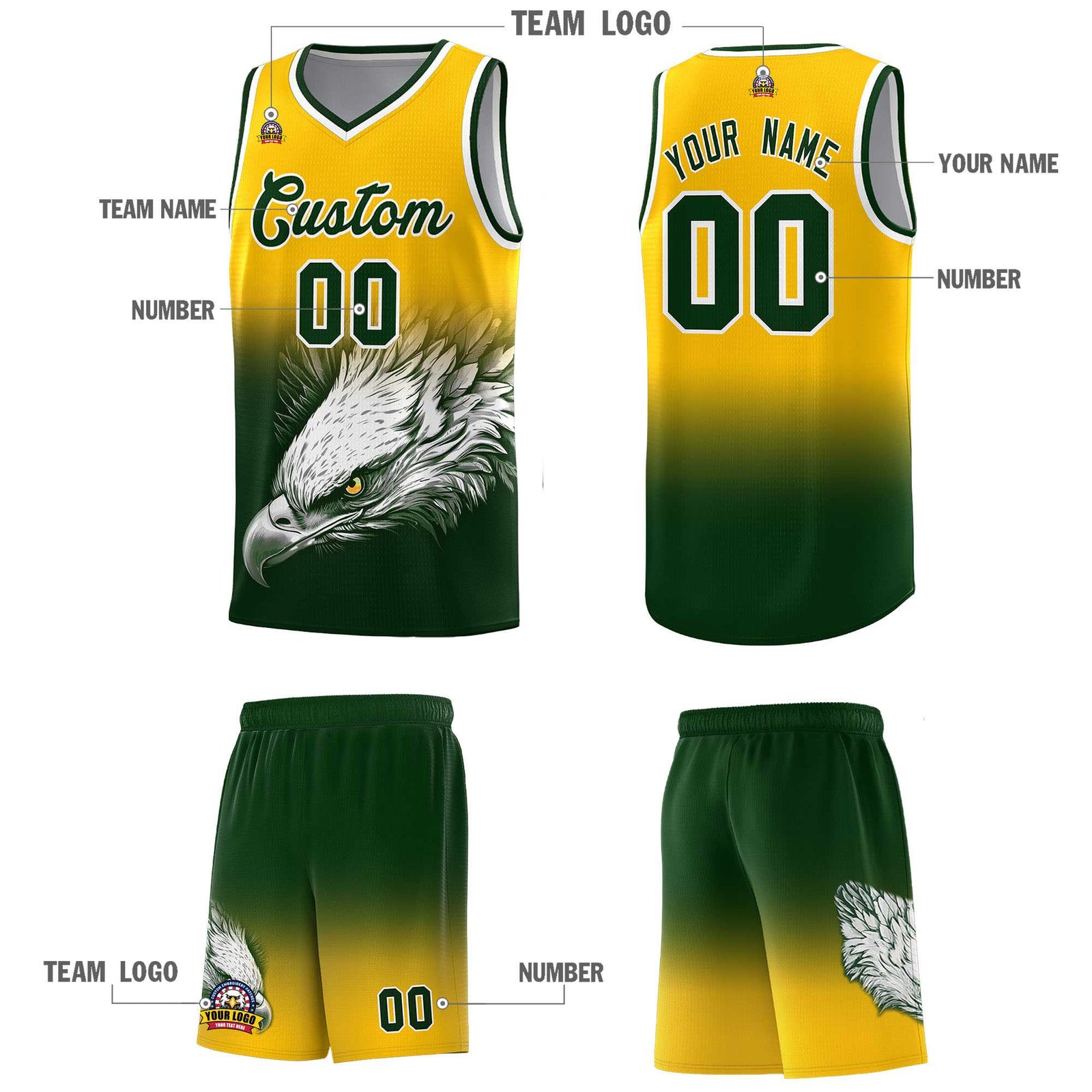 Custom Yellow Green Basketball Kits with Eagle Pattern
