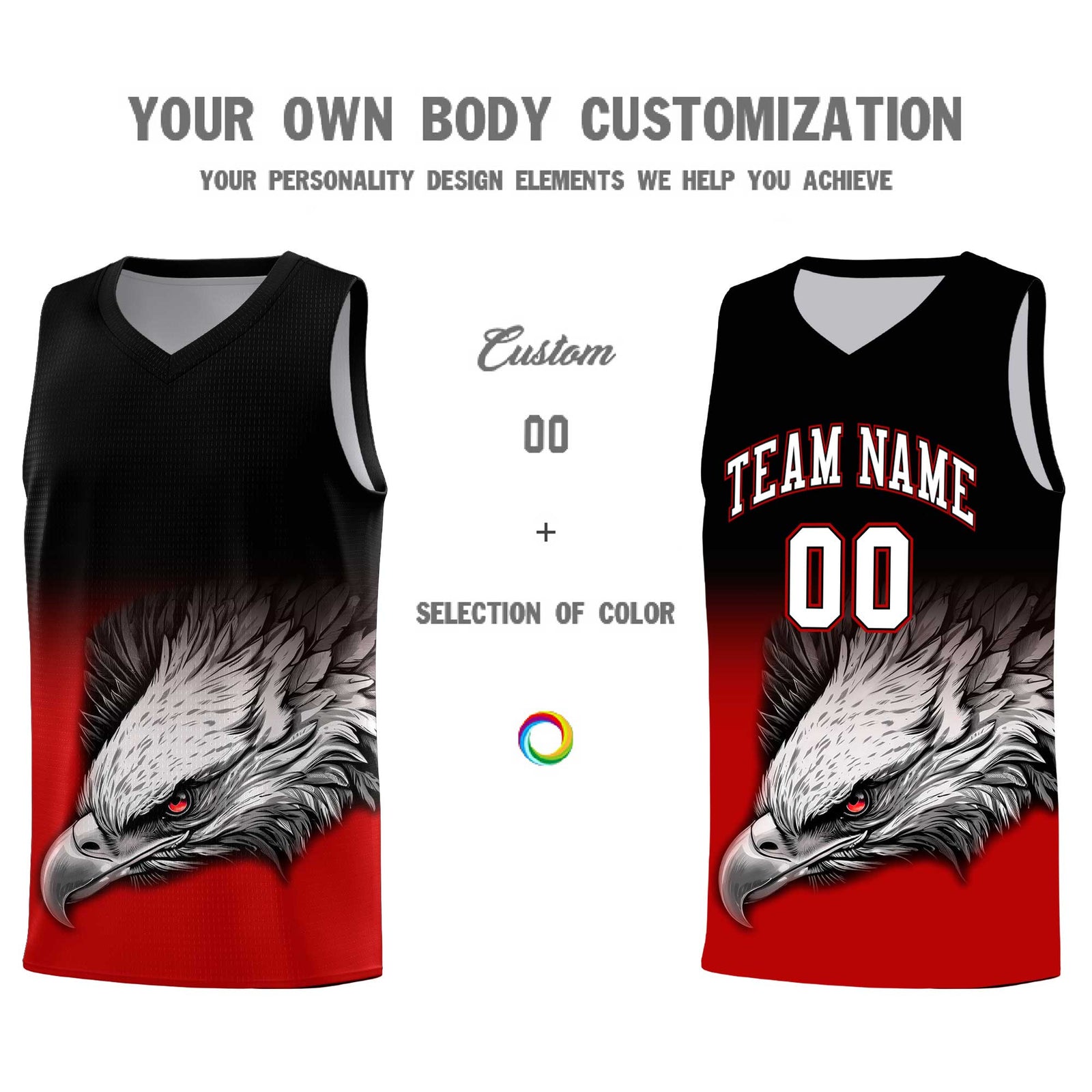 Custom Black Red Basketball Kits with Eagle Pattern