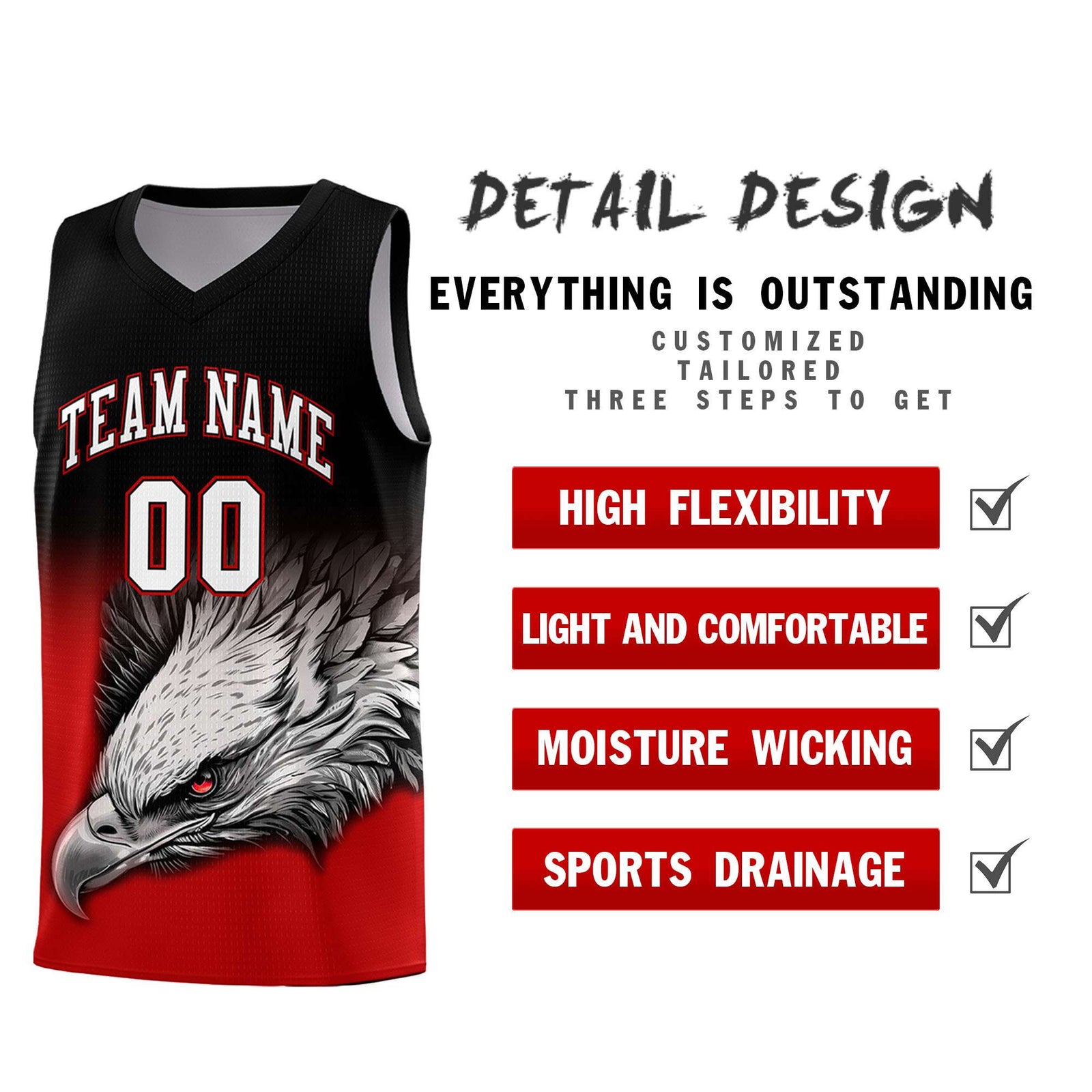 Custom Black Red Basketball Kits with Eagle Pattern