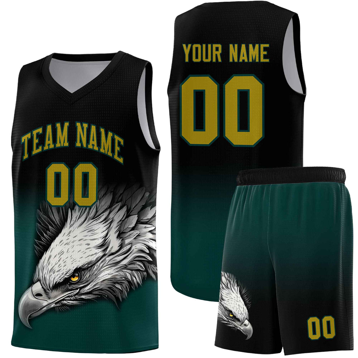 Custom Black Midnight Green Basketball Kits with Eagle Pattern