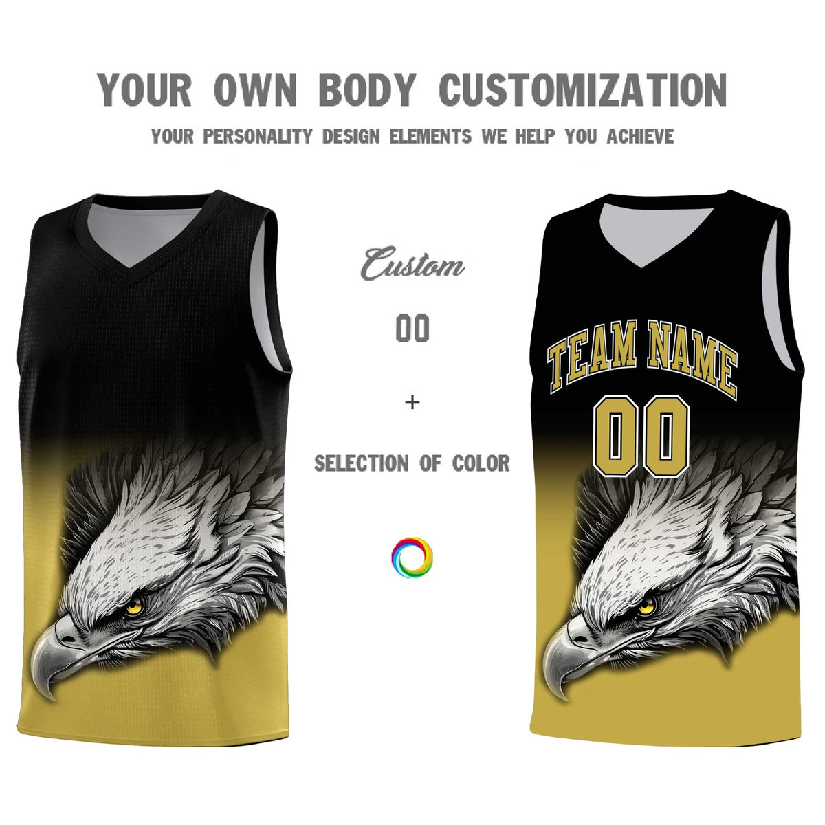Custom Black Old Gold Basketball Kits with Eagle Pattern