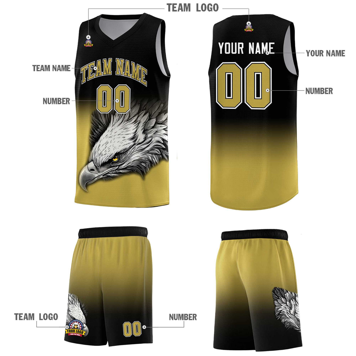 Custom Black Old Gold Basketball Kits with Eagle Pattern