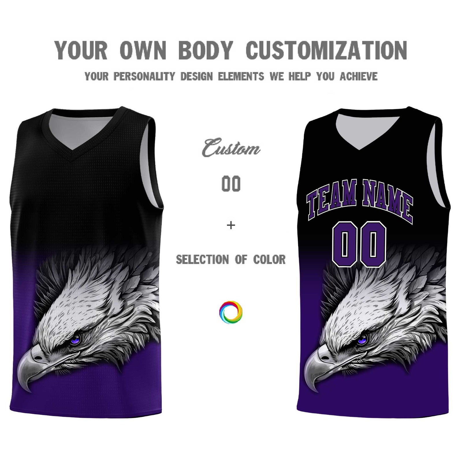 Custom Black Purple Basketball Kits with Eagle Pattern