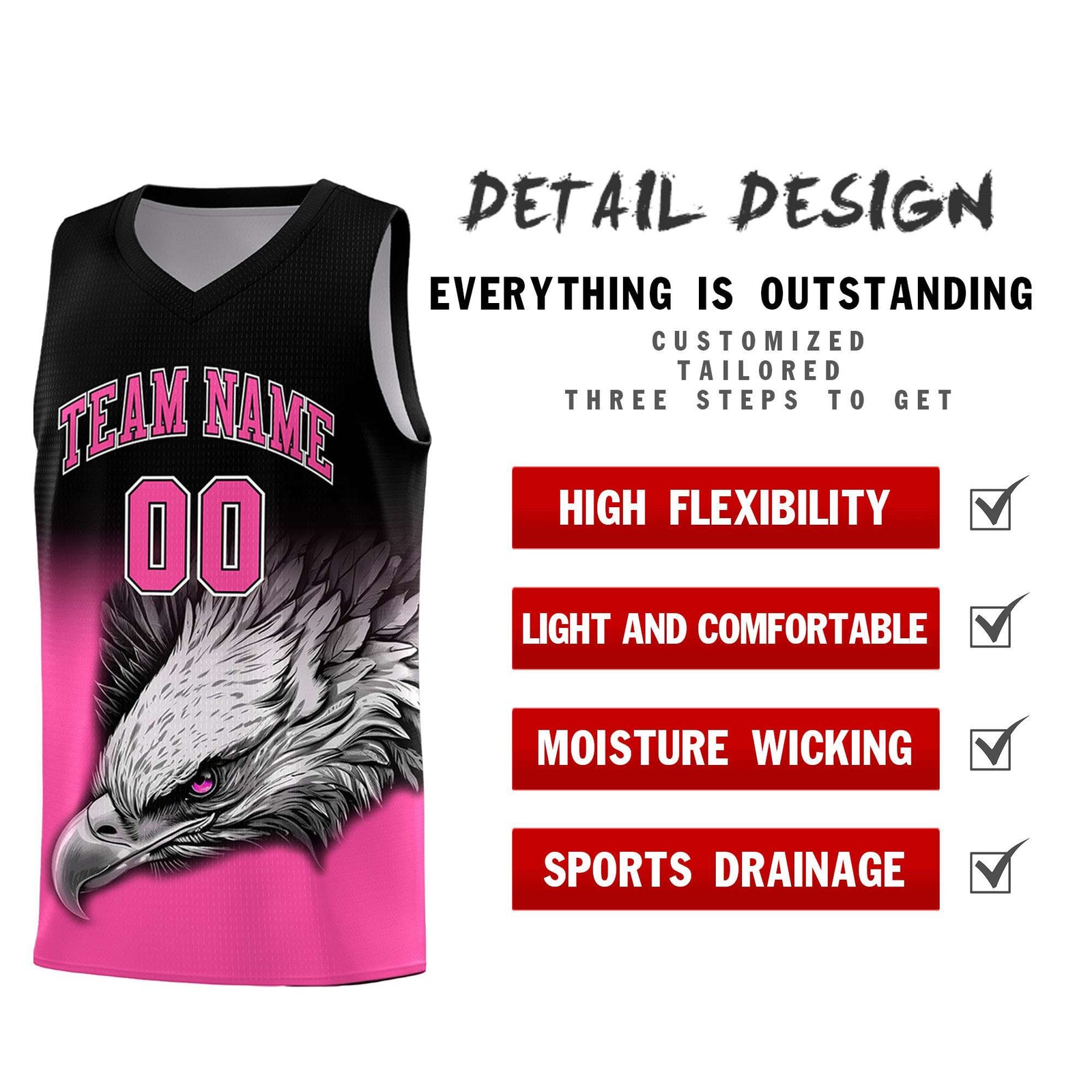 Custom Black Pink Basketball Kits with Eagle Pattern