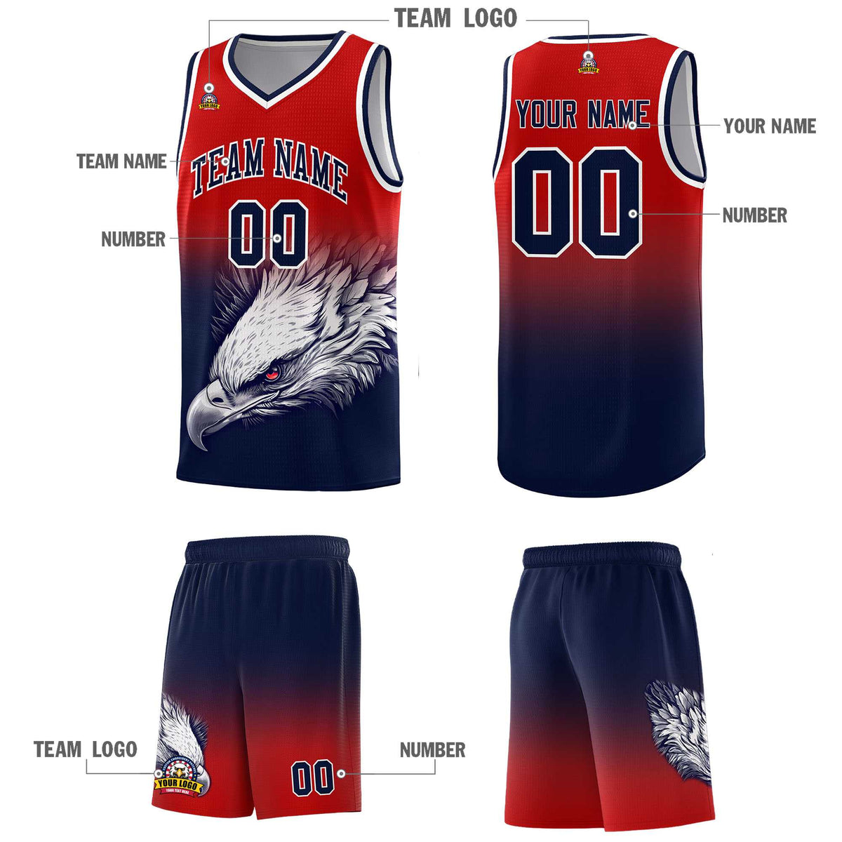 Custom Red Navy Basketball Kits with Eagle Pattern