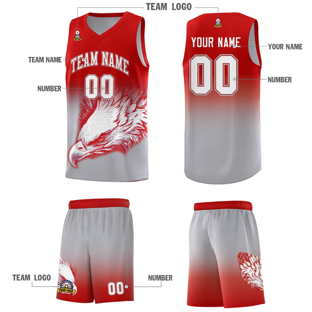 Custom Red Gray Basketball Kits with Eagle Pattern