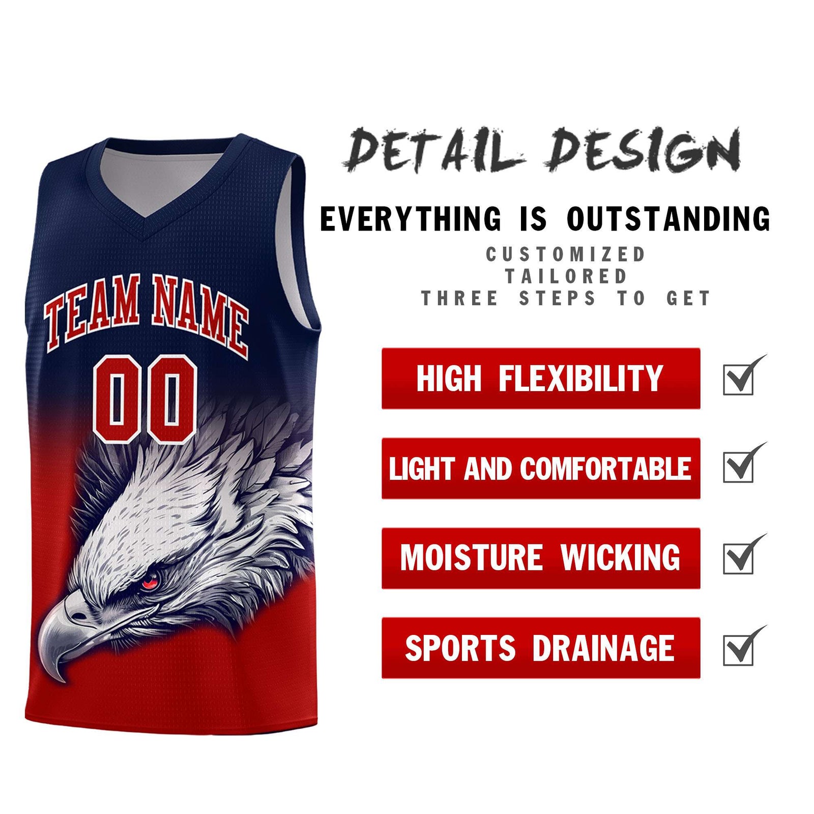 Custom Navy Red Basketball Kits with Eagle Pattern