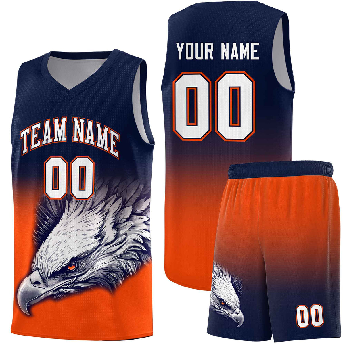 Custom Navy Orange Basketball Kits with Eagle Pattern