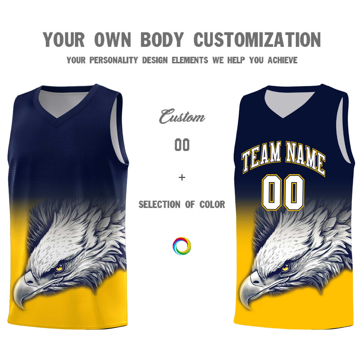 Custom Navy Yellow Basketball Kits with Eagle Pattern