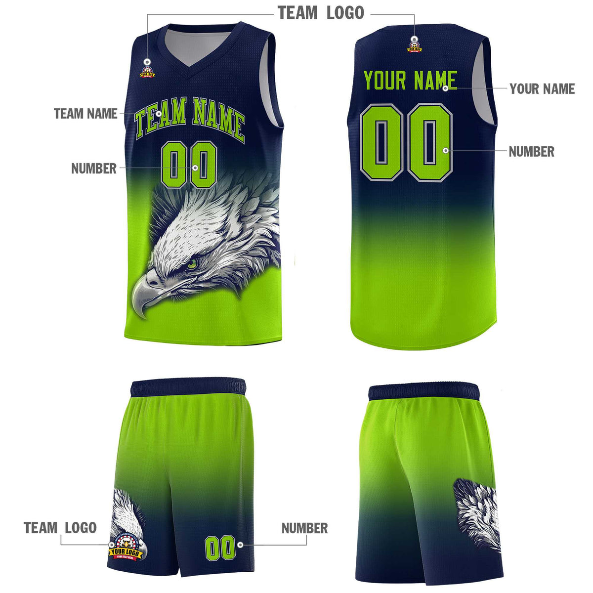 Custom Navy Neon Green Basketball Kits with Eagle Pattern