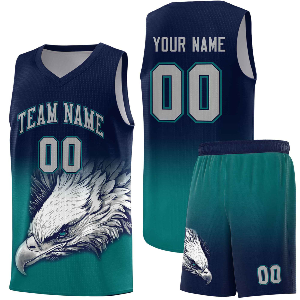 Custom Navy Teal Basketball Kits with Eagle Pattern