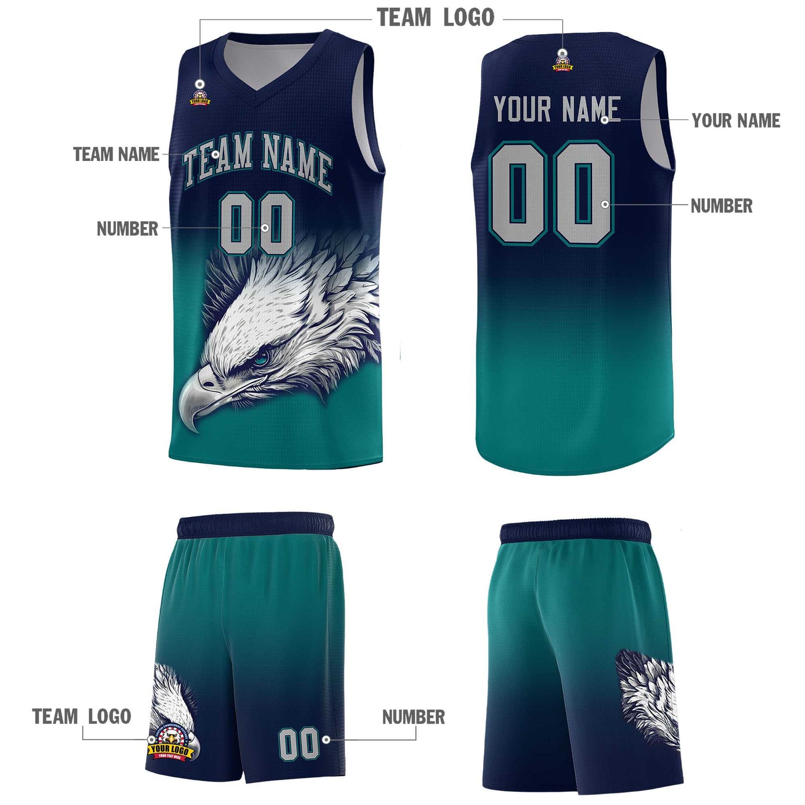 Custom Navy Teal Basketball Kits with Eagle Pattern