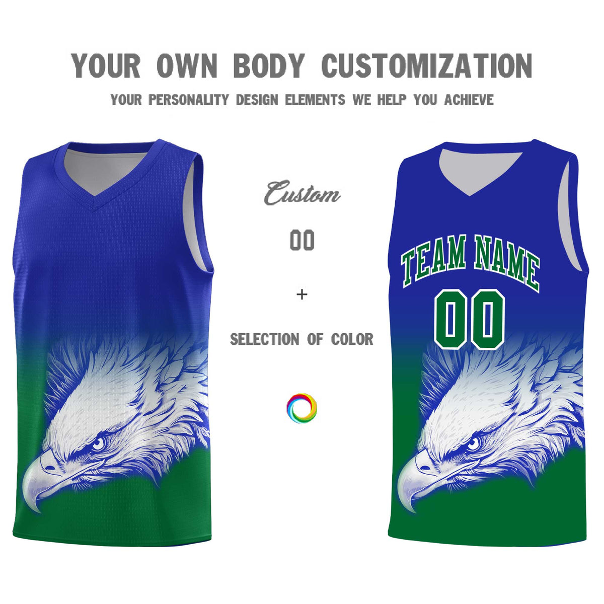 Custom Royal Kelly Green Basketball Kits with Eagle Pattern