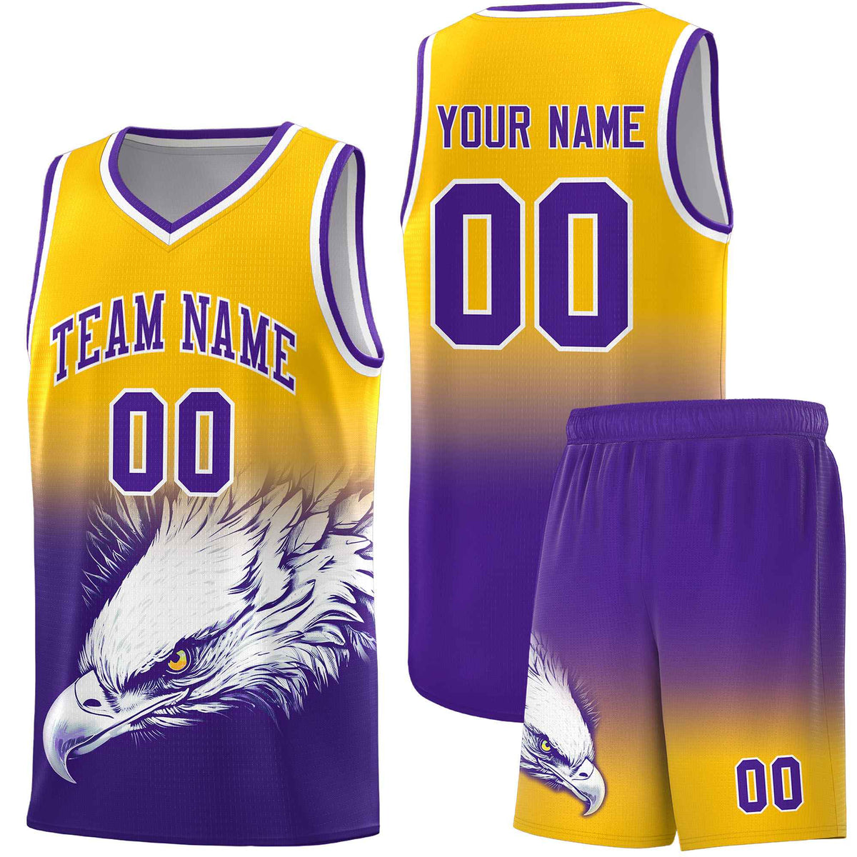 Custom Yellow Purple Basketball Kits with Eagle Pattern