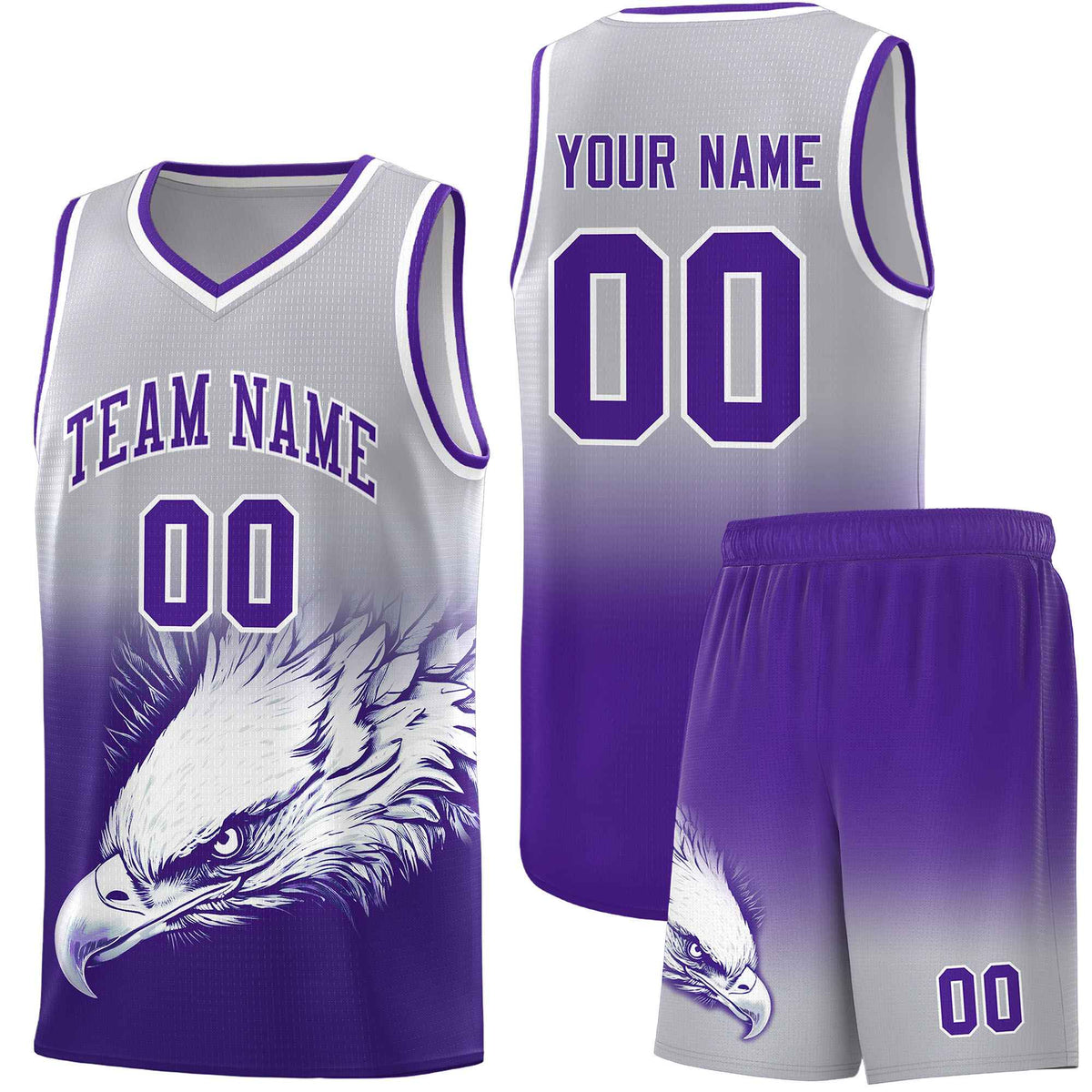 Custom Gray Purple Basketball Kits with Eagle Pattern