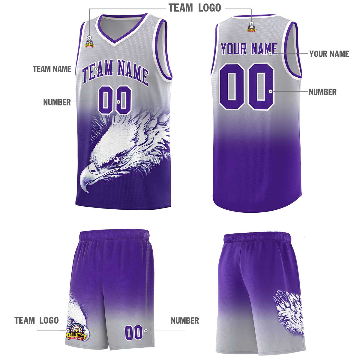 Custom Gray Purple Basketball Kits with Eagle Pattern