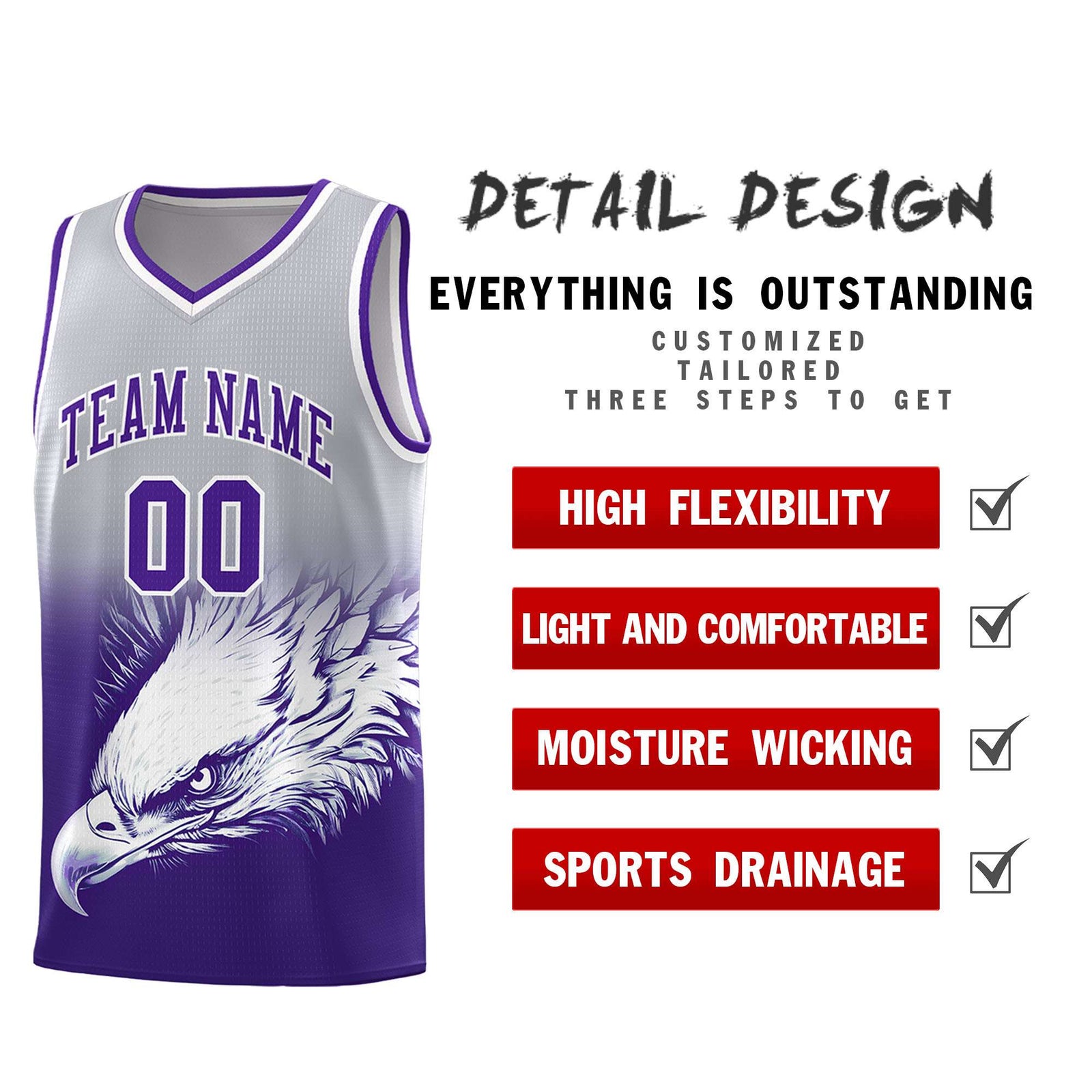 Custom Gray Purple Basketball Kits with Eagle Pattern