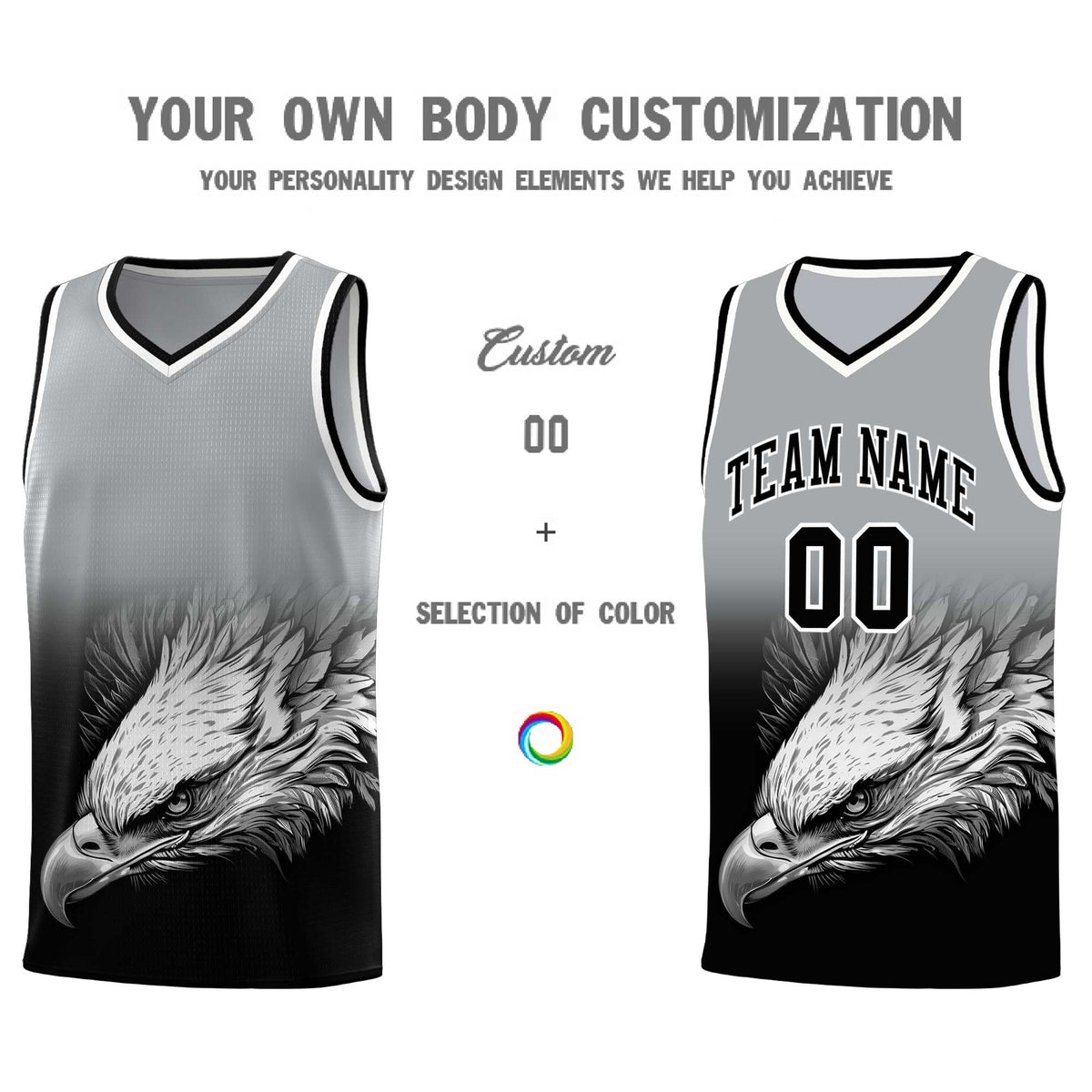 Custom Gray Black Basketball Kits with Eagle Pattern