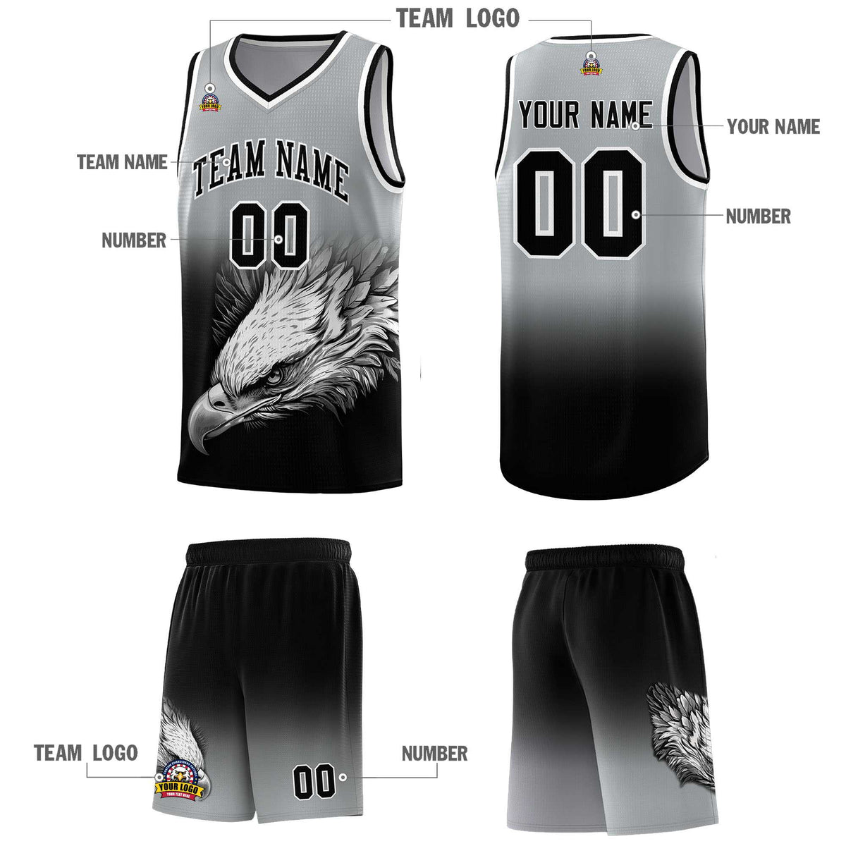 Custom Gray Black Basketball Kits with Eagle Pattern