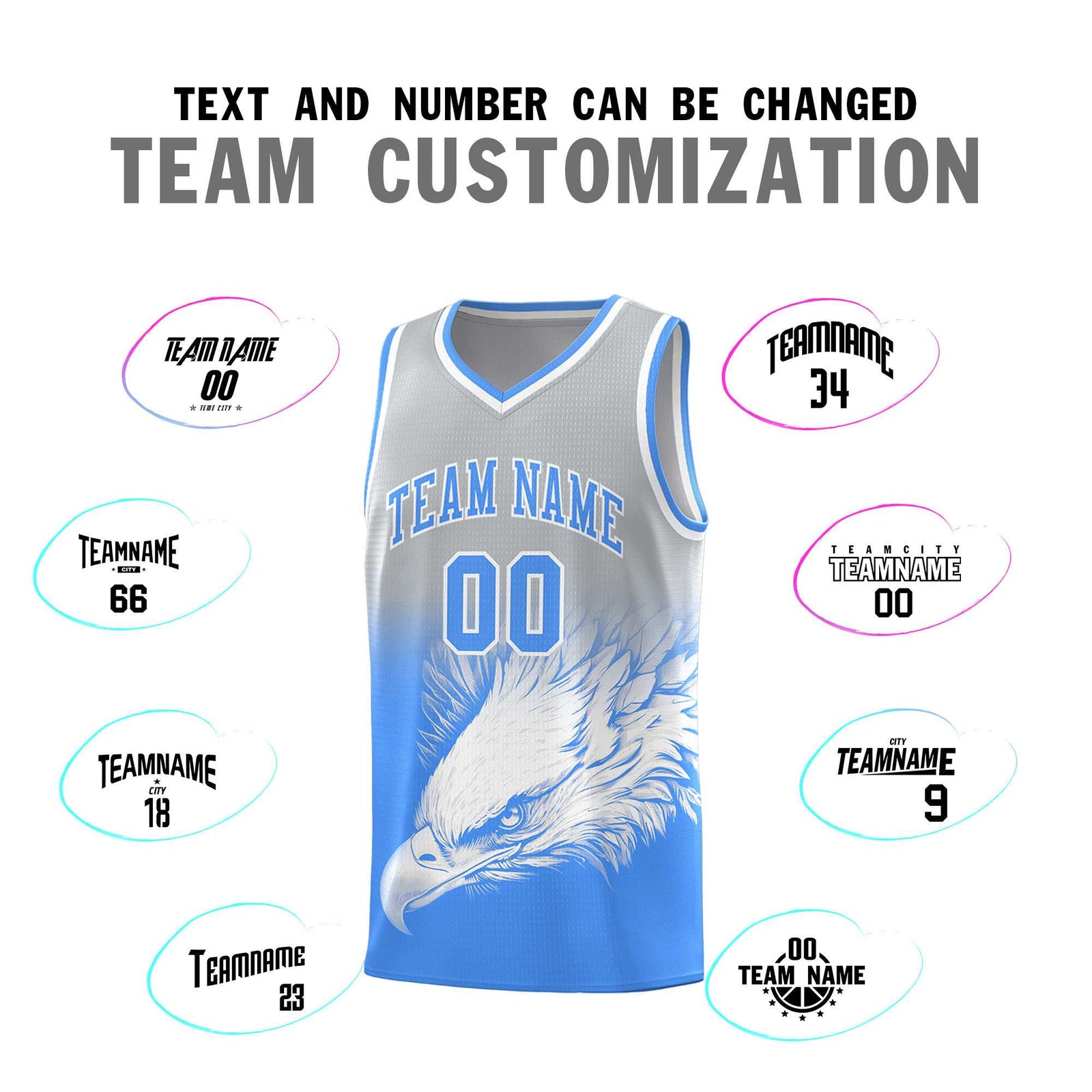 Custom Gray Powder Blue Basketball Kits with Eagle Pattern