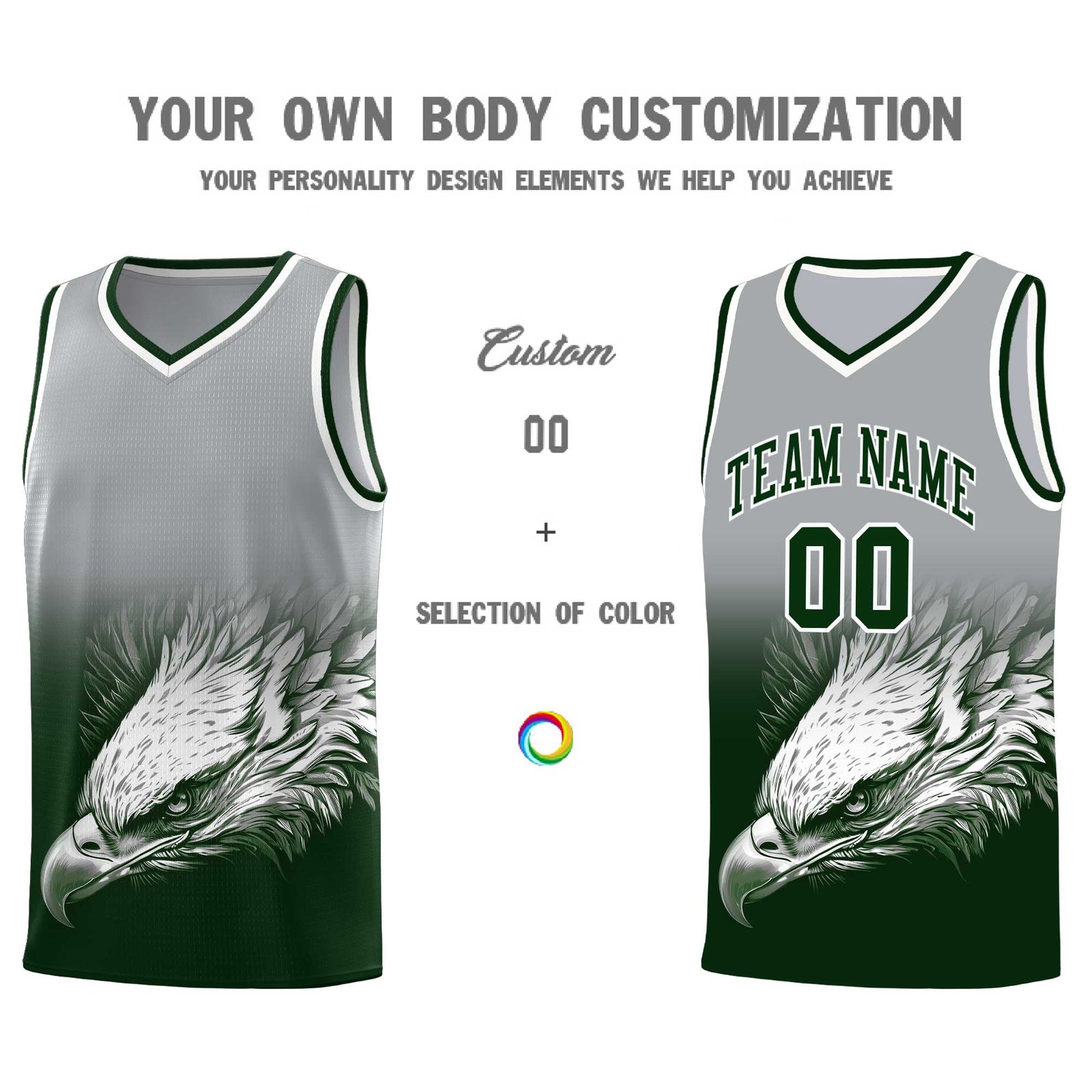 Custom Gray Green Basketball Kits with Eagle Pattern
