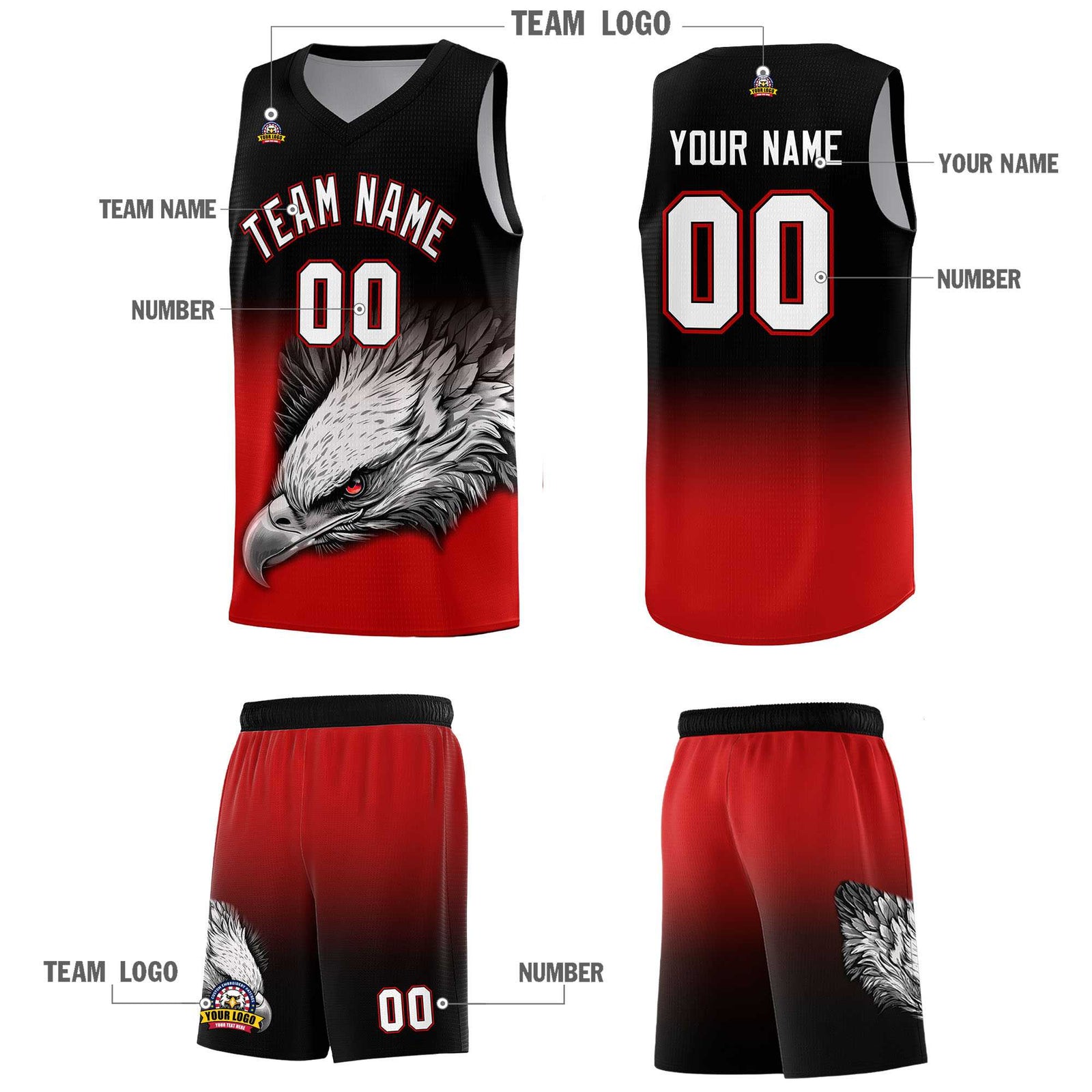 Custom Black Red Basketball Kits with Eagle Pattern
