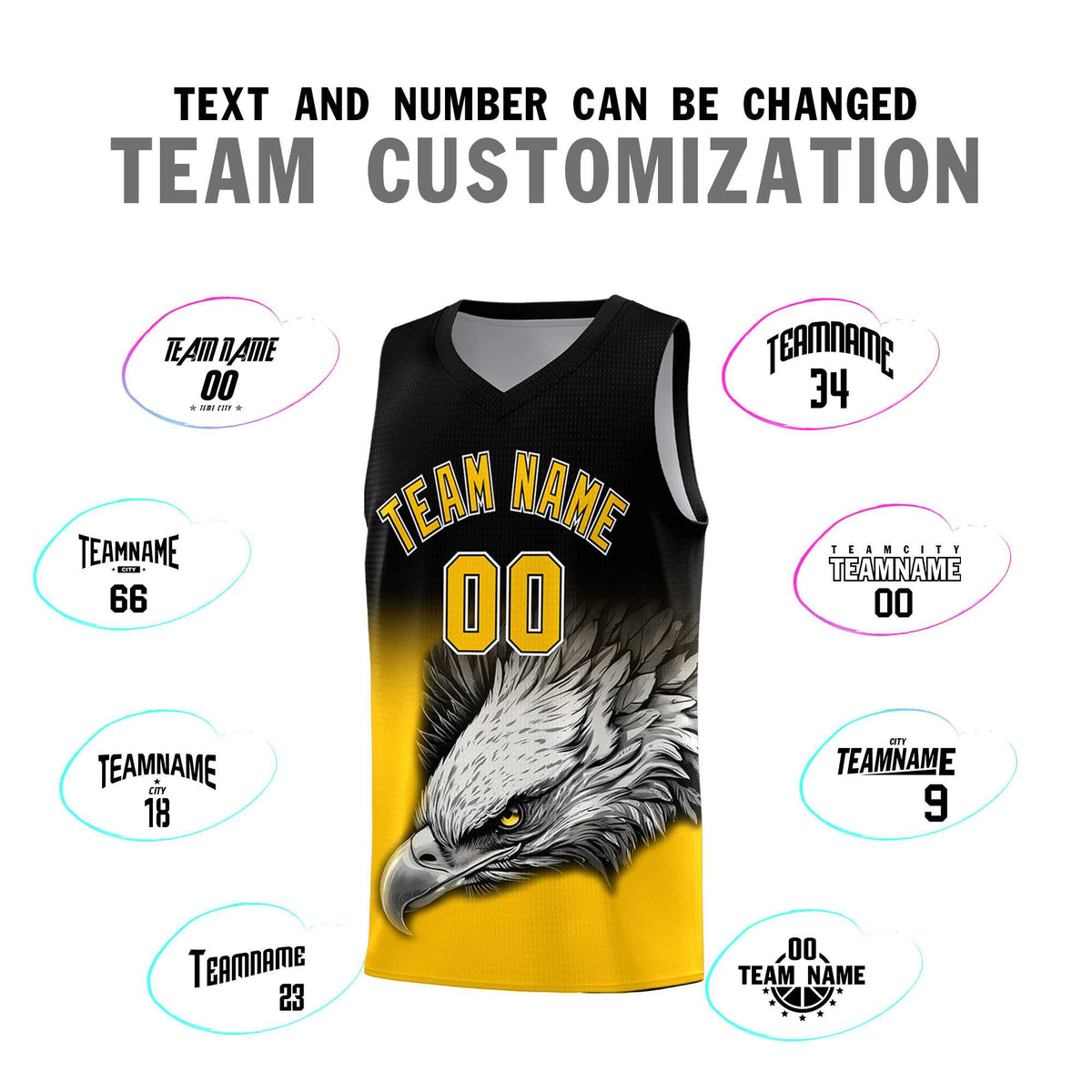 Custom Black Yellow Basketball Kits with Eagle Pattern