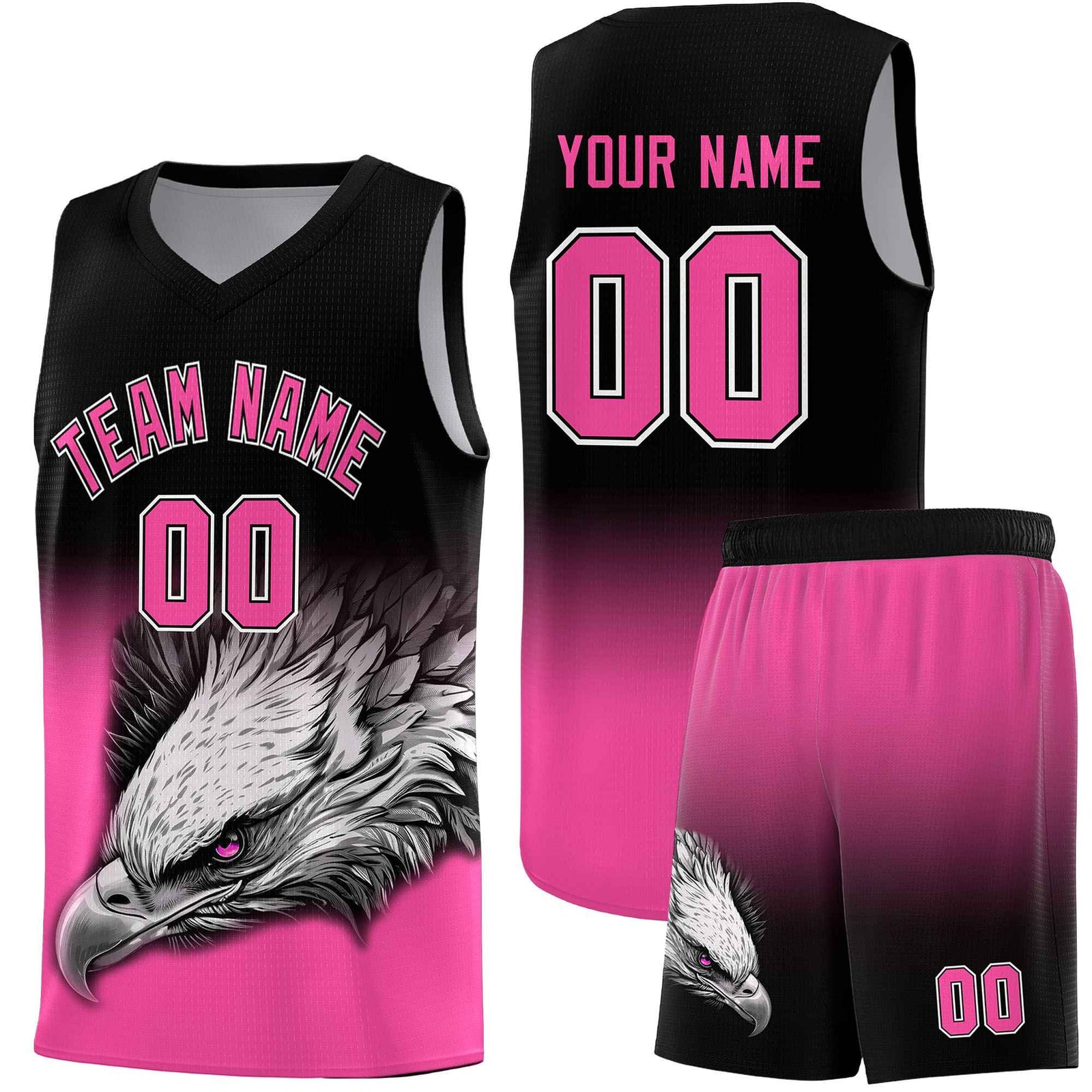 Custom Black Pink Basketball Kits with Eagle Pattern