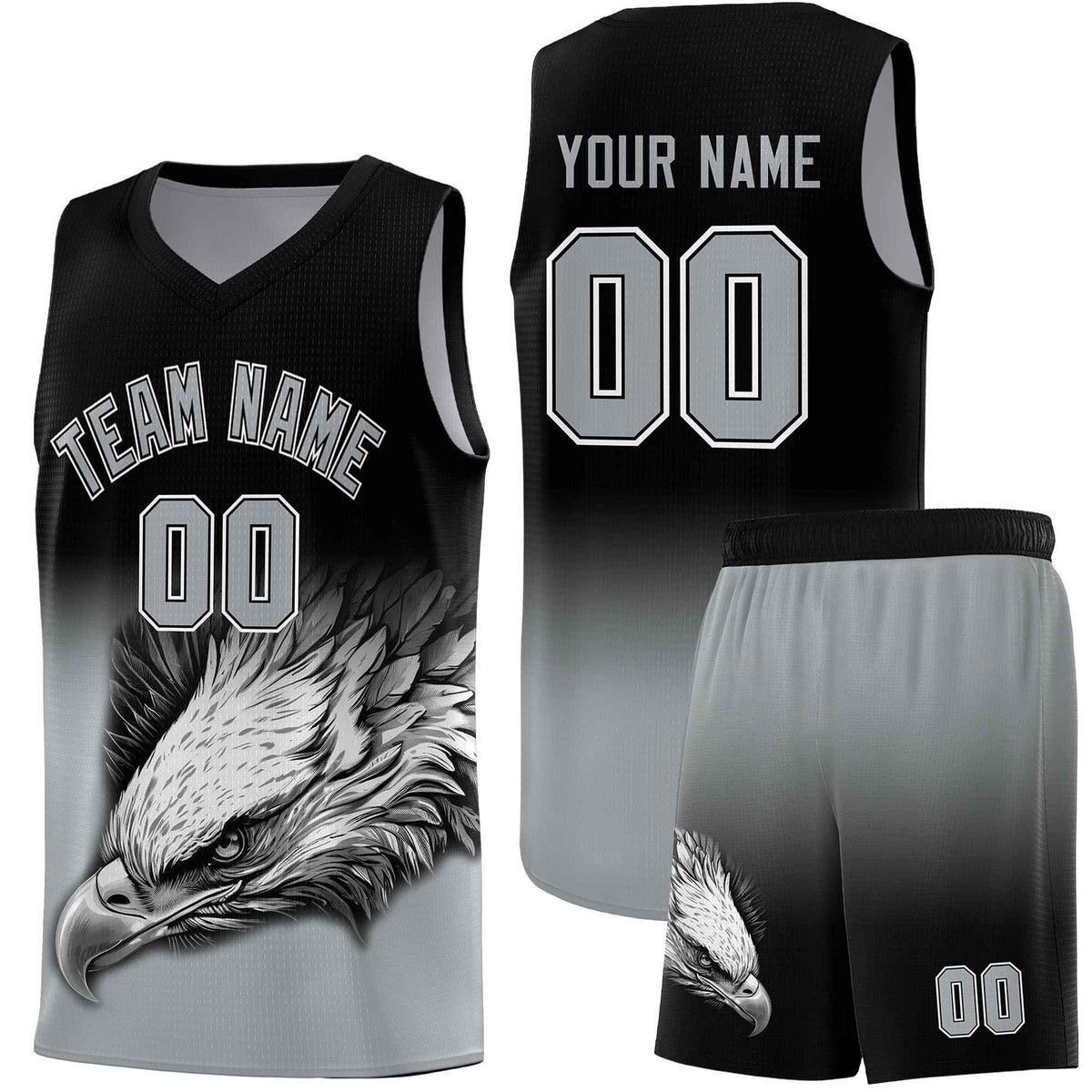 Custom Black Gray Basketball Kits with Eagle Pattern