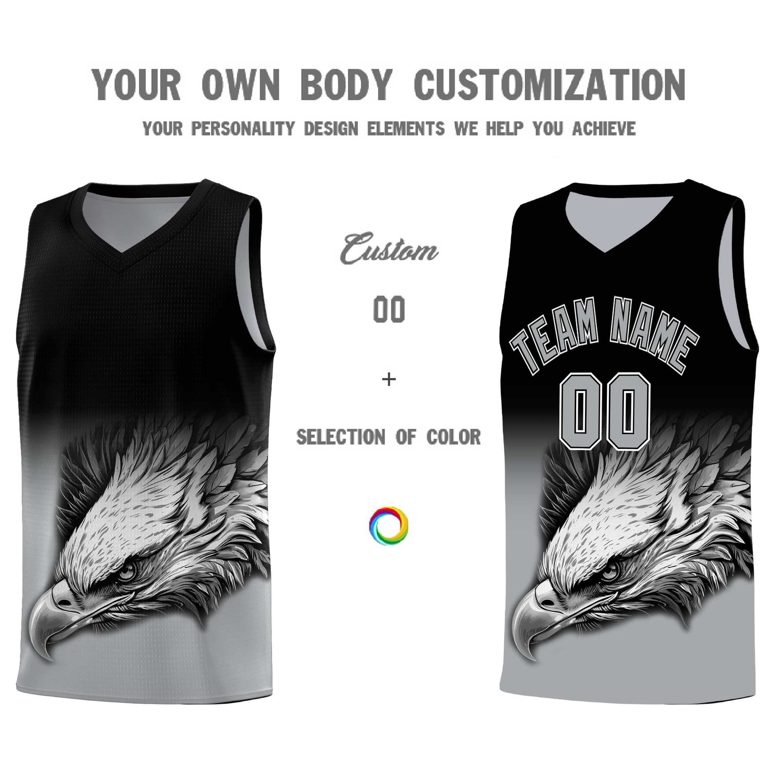 Custom Black Gray Basketball Kits with Eagle Pattern
