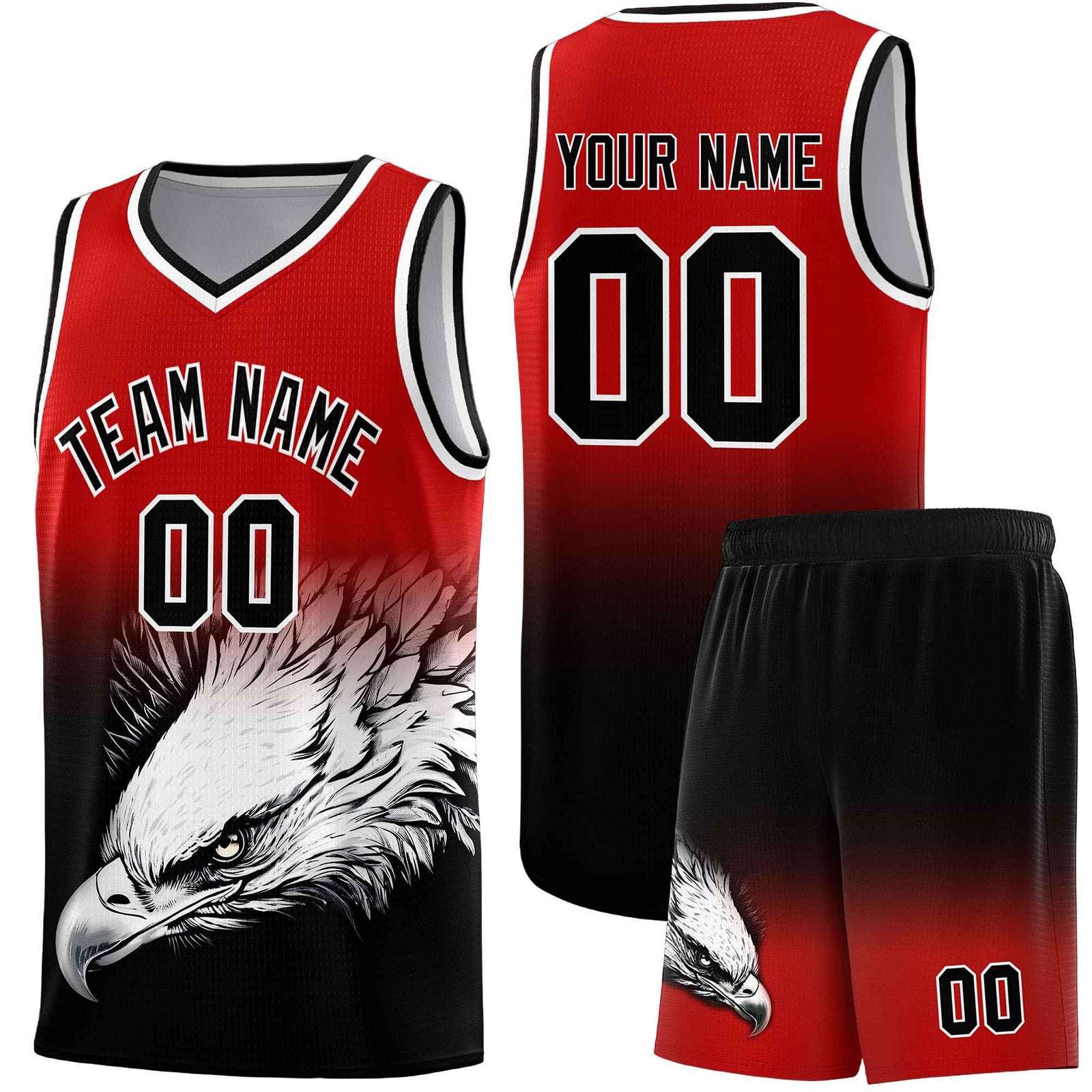 Custom Red Black Basketball Kits with Eagle Pattern